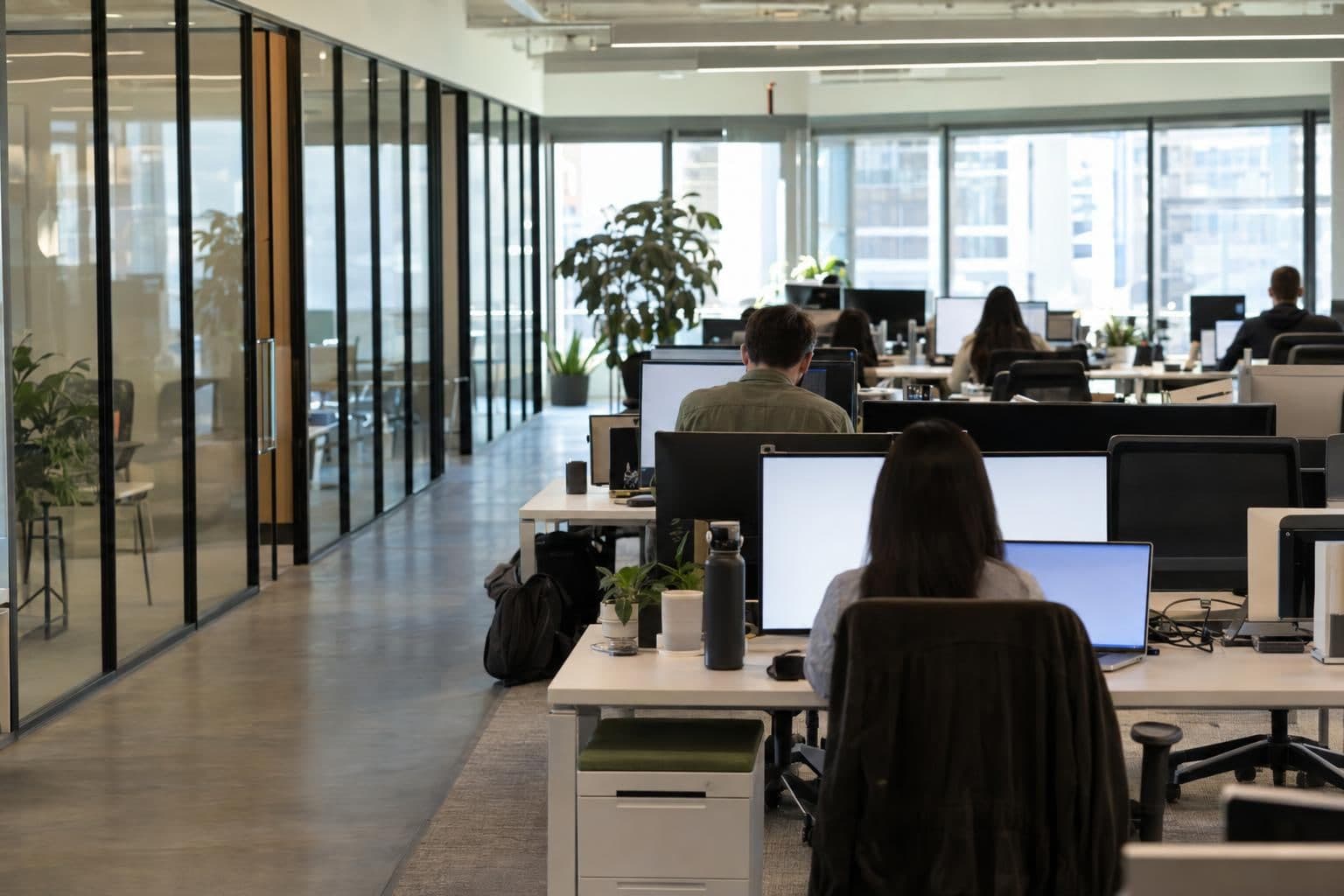 Office workers at desks with laptops in an open-plan tech office, seen from behind