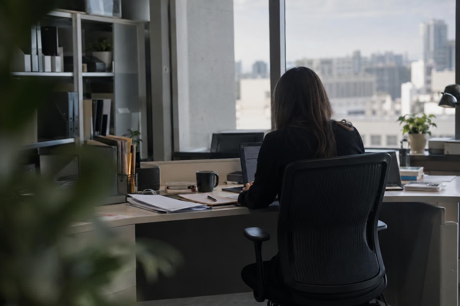 An anonymous staff member reviews papers beside a laptop in a government office.