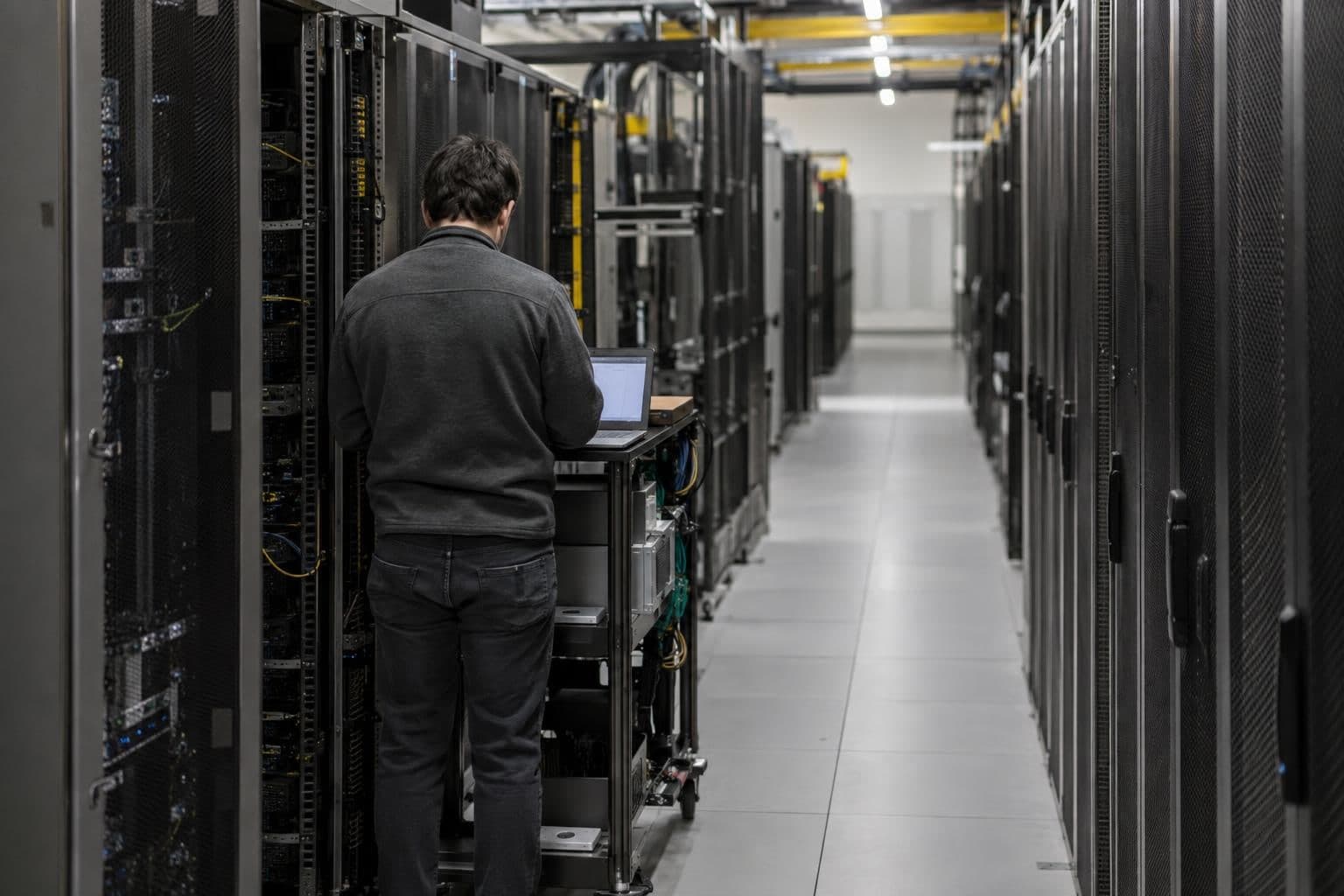 An engineer works at a laptop beside rows of server racks in a data centre.