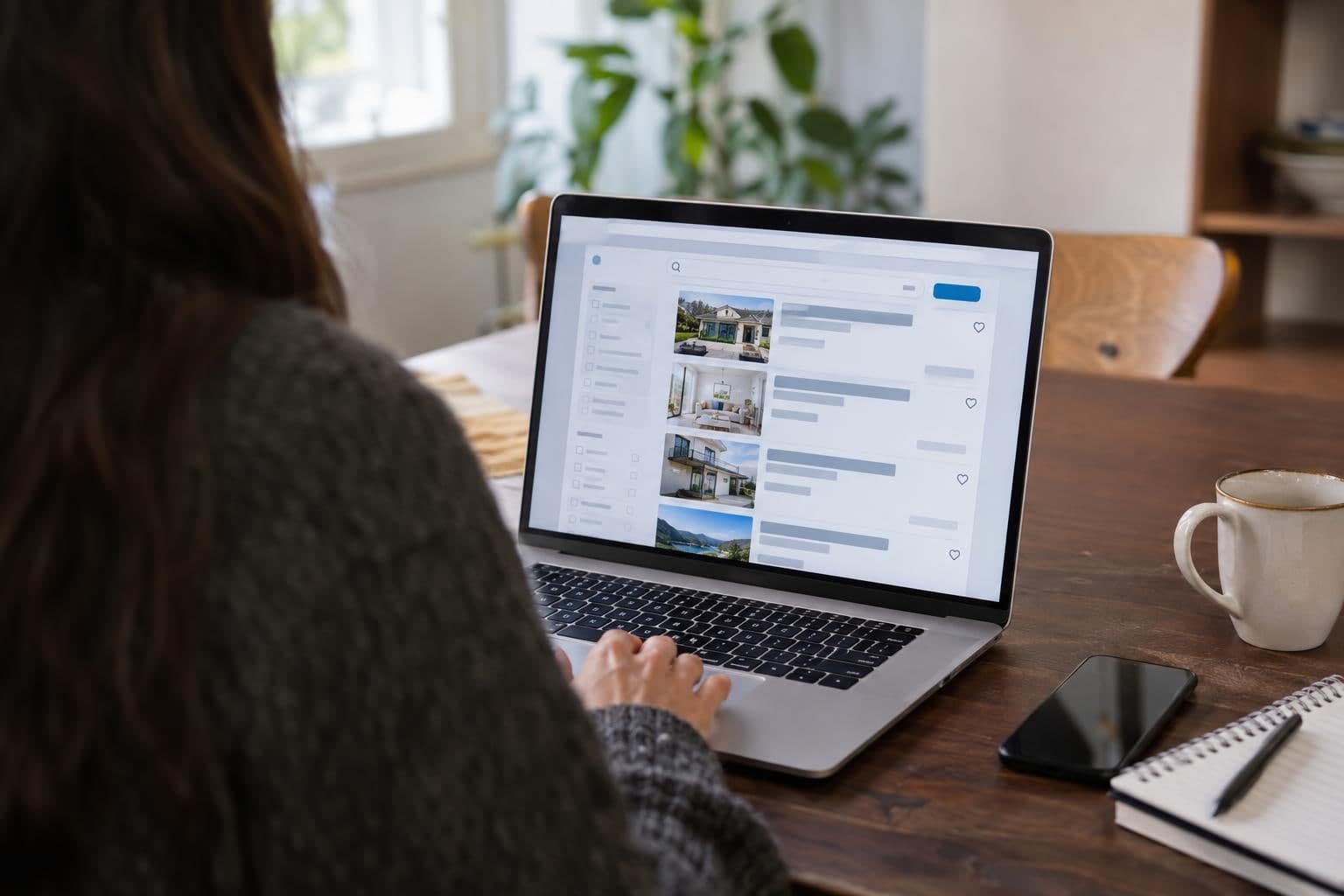 An anonymous person views vacation-rental listings and filters on a laptop.