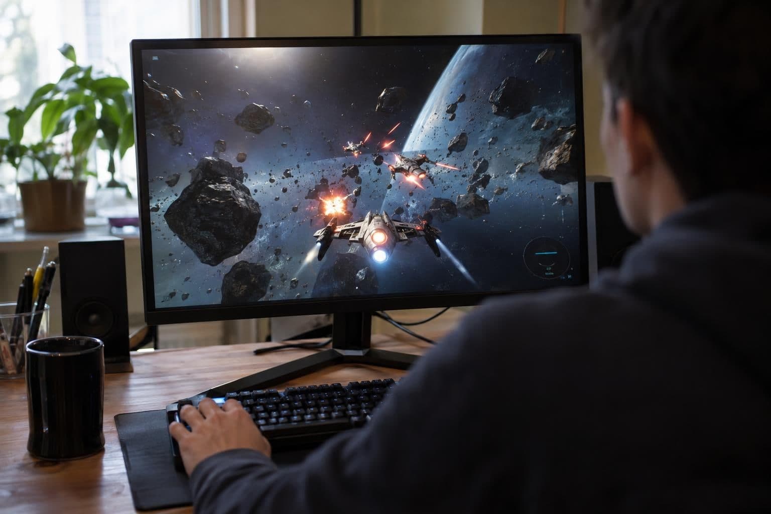 A spaceship fires at enemies among asteroids on a 3D game screen.