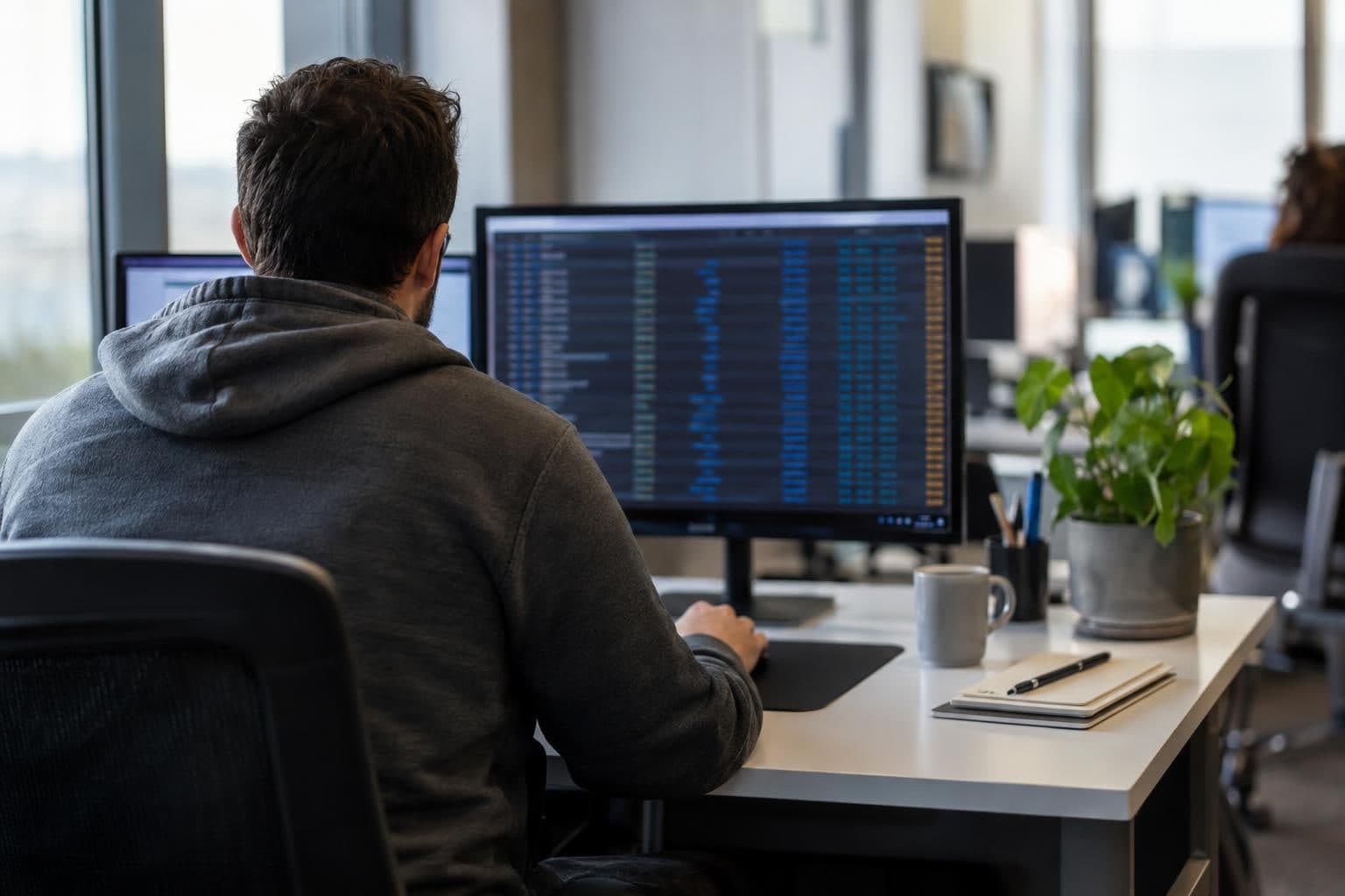 A cybersecurity analyst reviews blurred website-activity records at a computer.