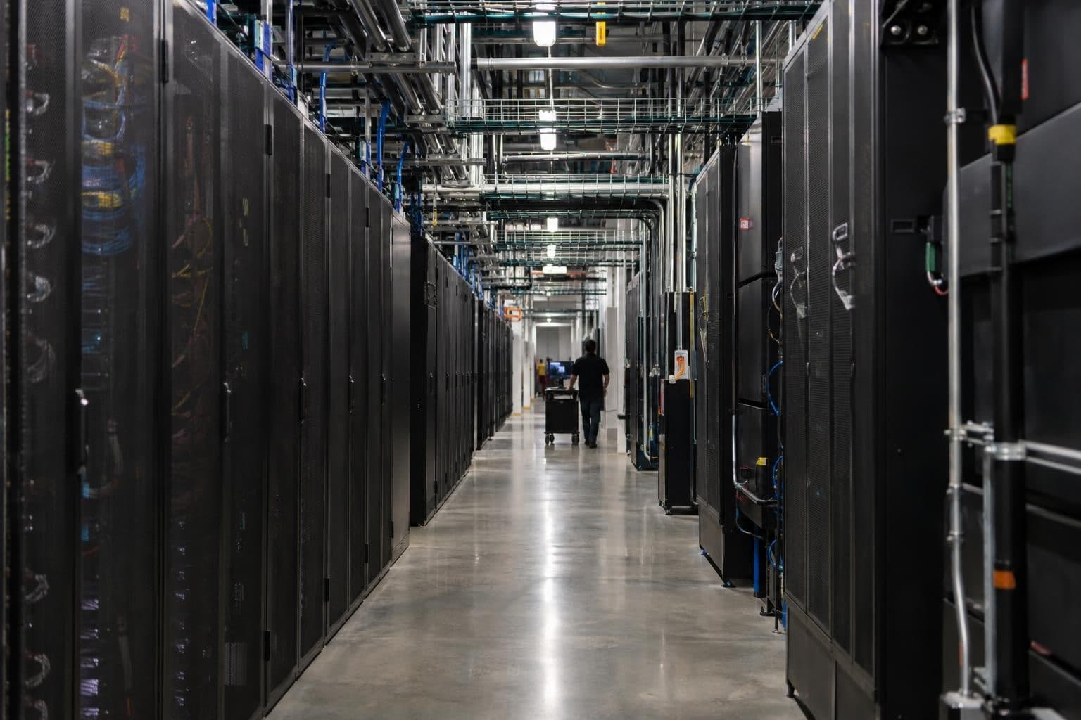 Rows of server racks line an aisle inside a data center.