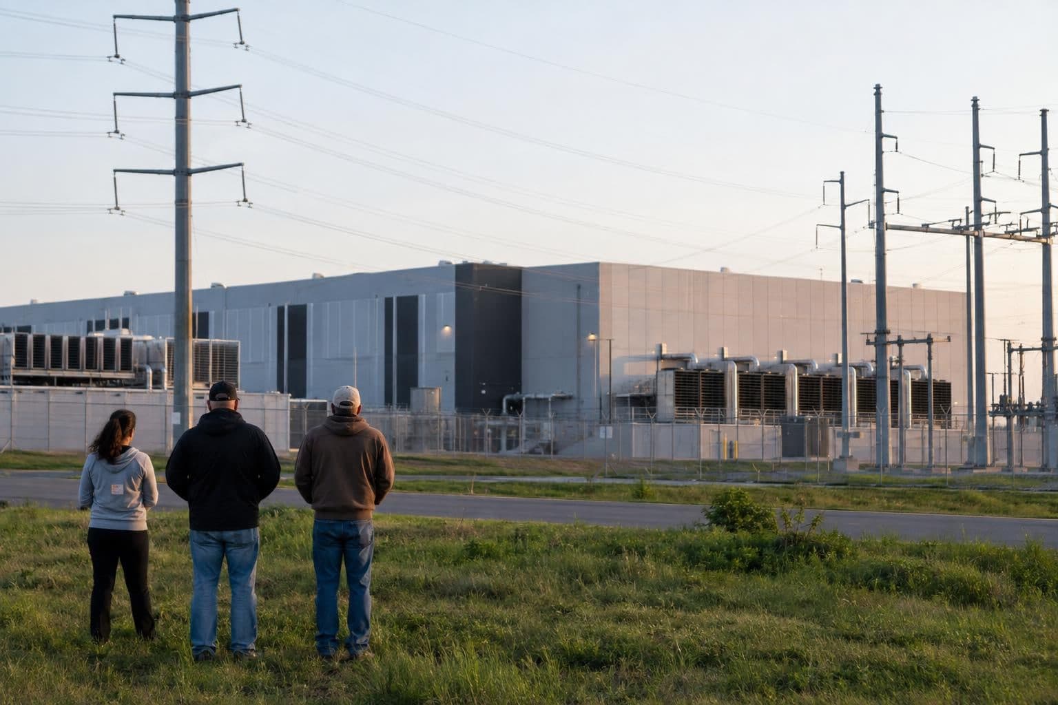 A data-center building stands near power lines as residents look on.