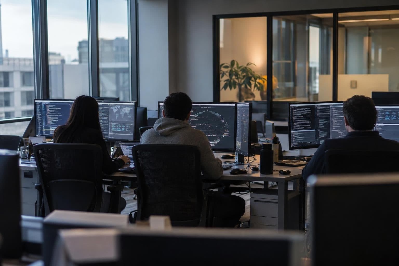 Cybersecurity professionals work at computers in an office.