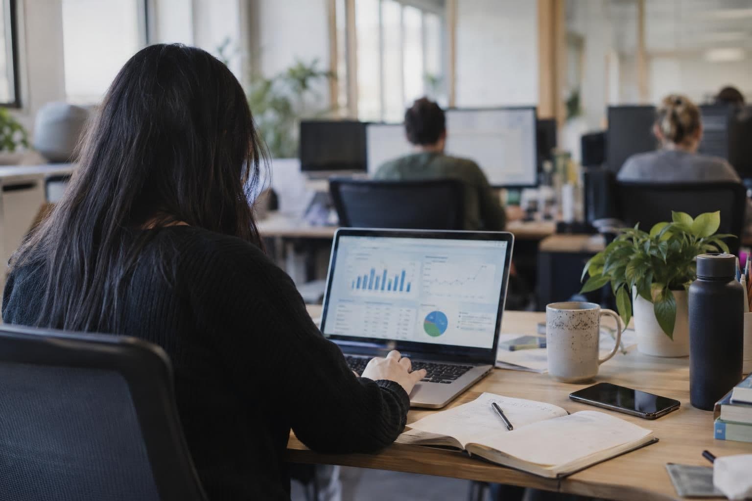 A software developer reviews pricing and benchmark information on a laptop in an office.