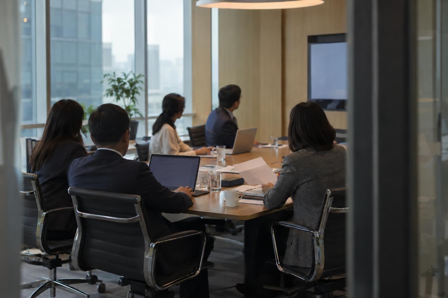 Bank employees review papers and laptops in a meeting room, illustrating internal governance discussions.