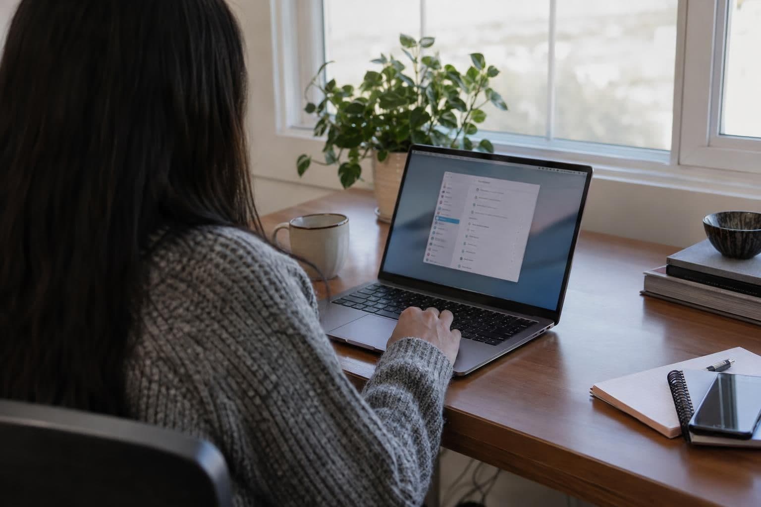 A user reviews app privacy permissions on a laptop, with the settings screen out of focus.