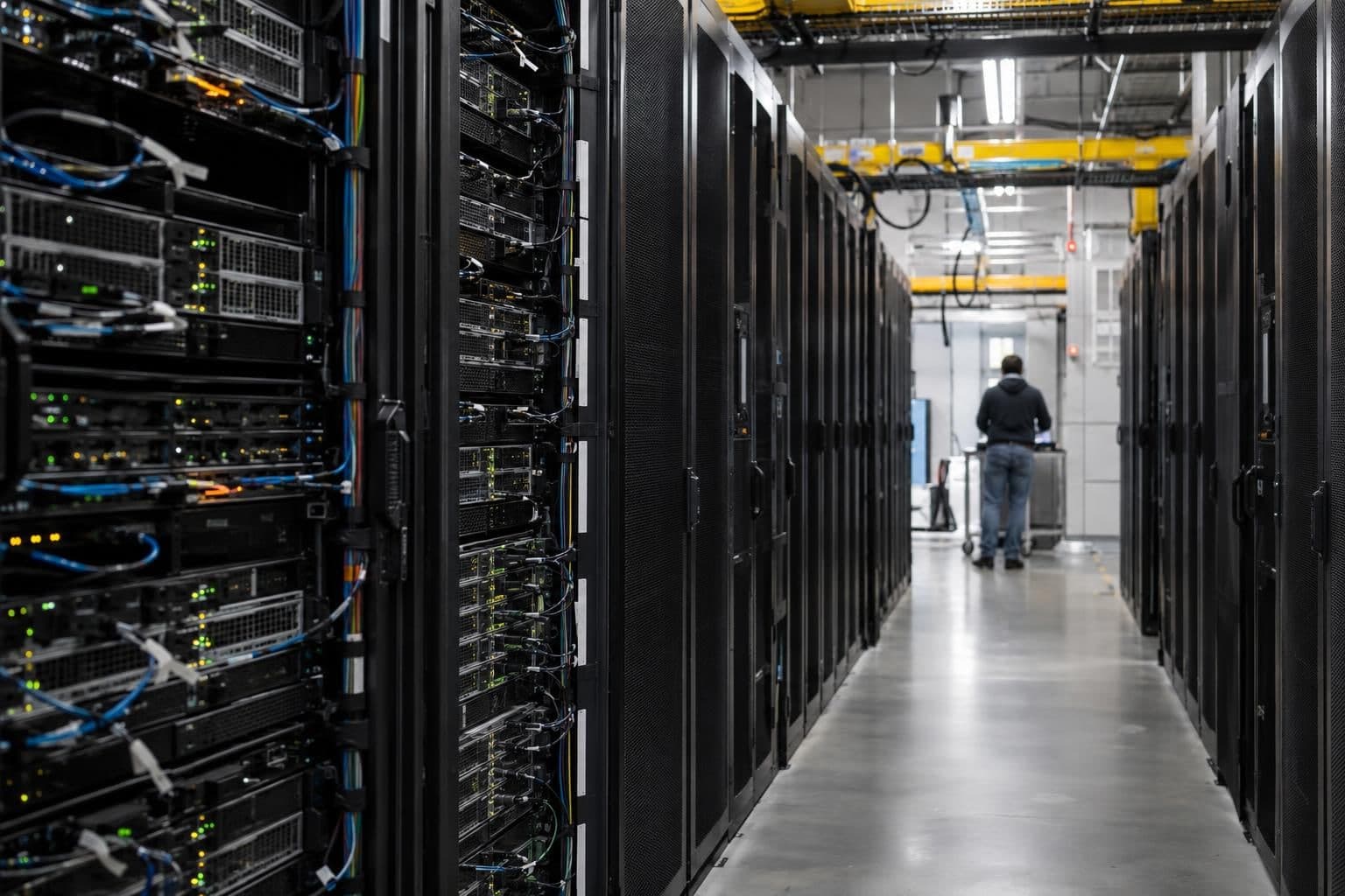 Rows of server racks in a data-centre hall, representing infrastructure for large-scale model training.