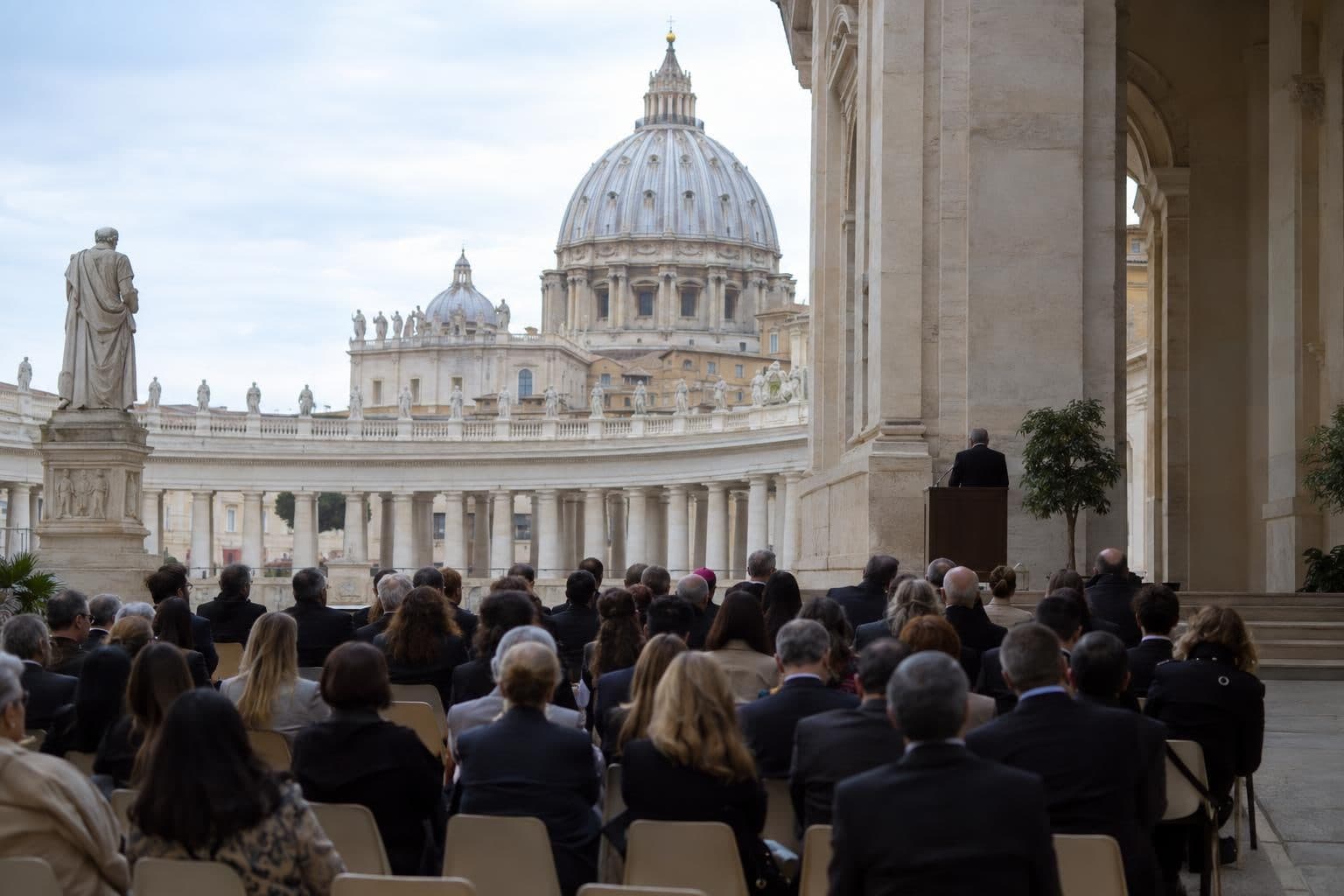 A distant speaker addresses artists and curators at a formal Vatican gathering.