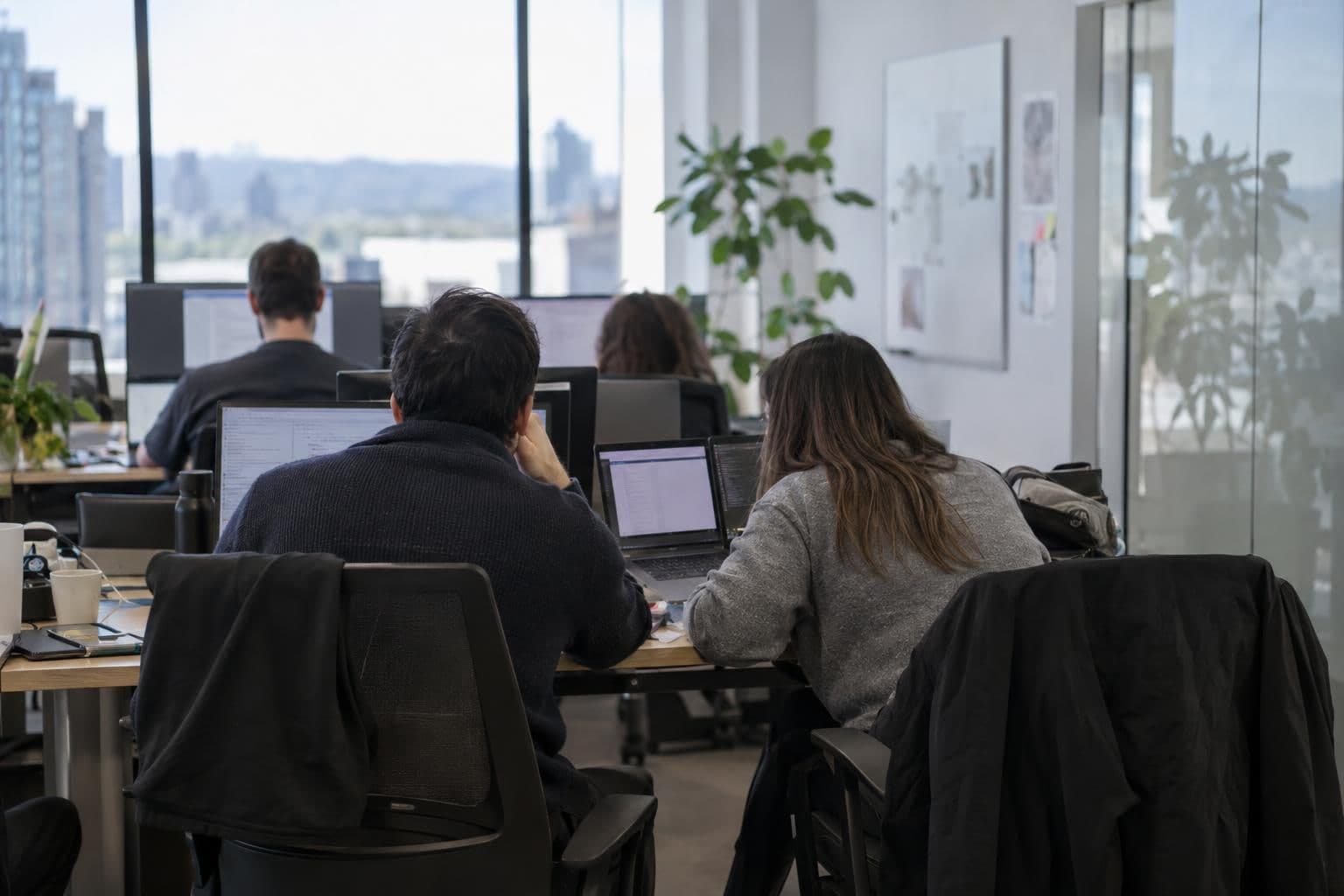 Cybersecurity professionals review software-security findings on laptops in an office.