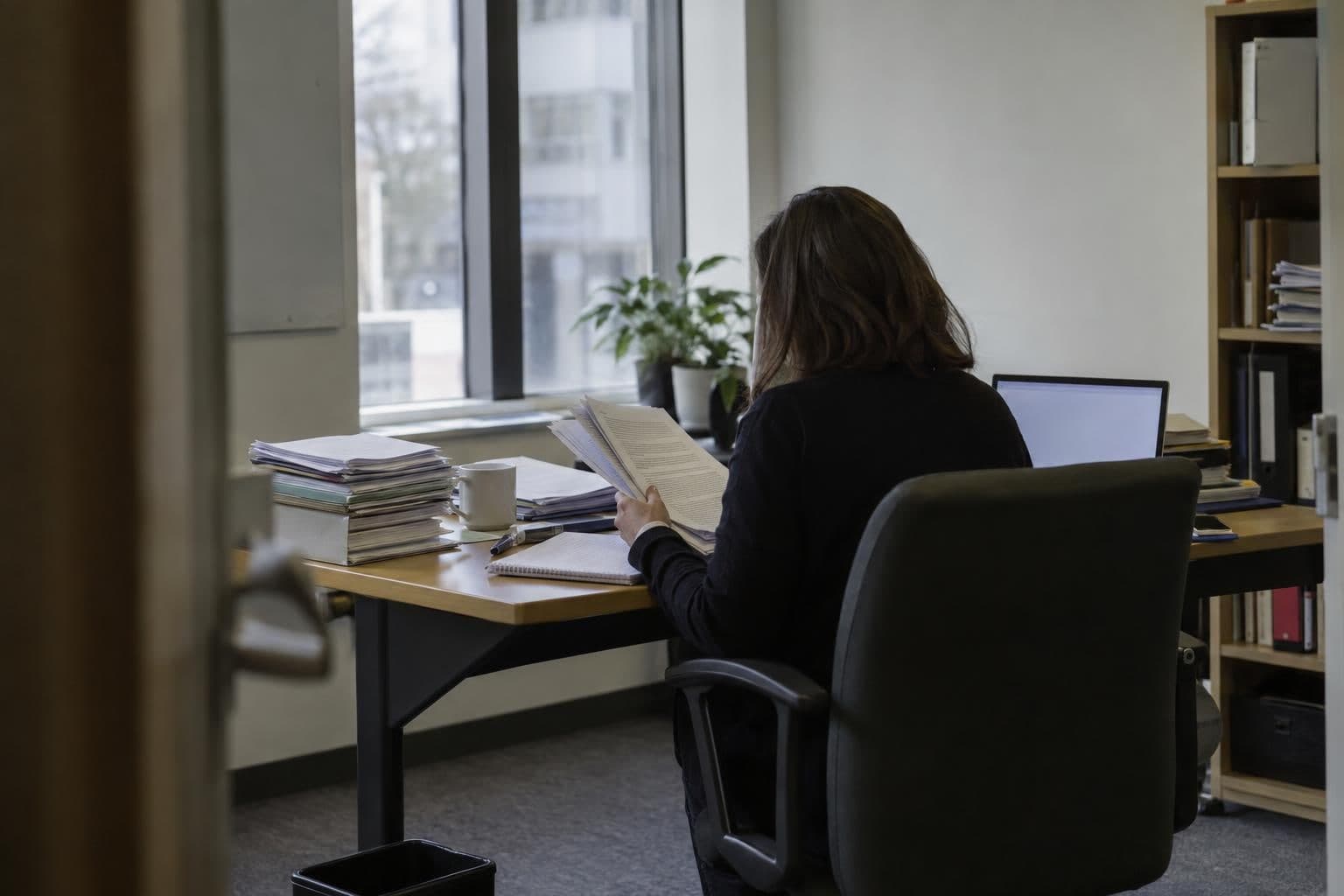 A government worker reviews documents at a desk in a plain office.