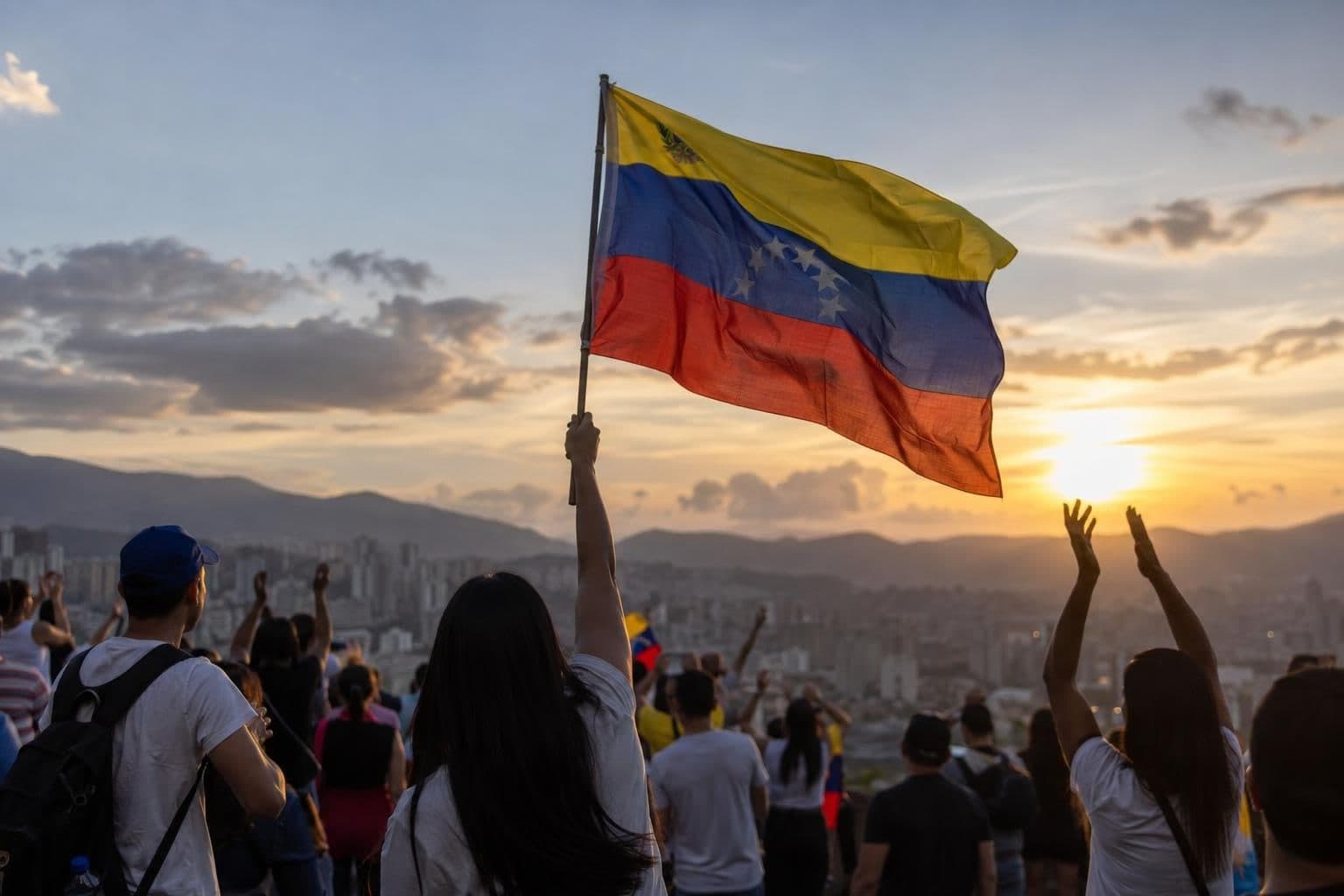 A crowd celebrates in Venezuela after a reported capture.