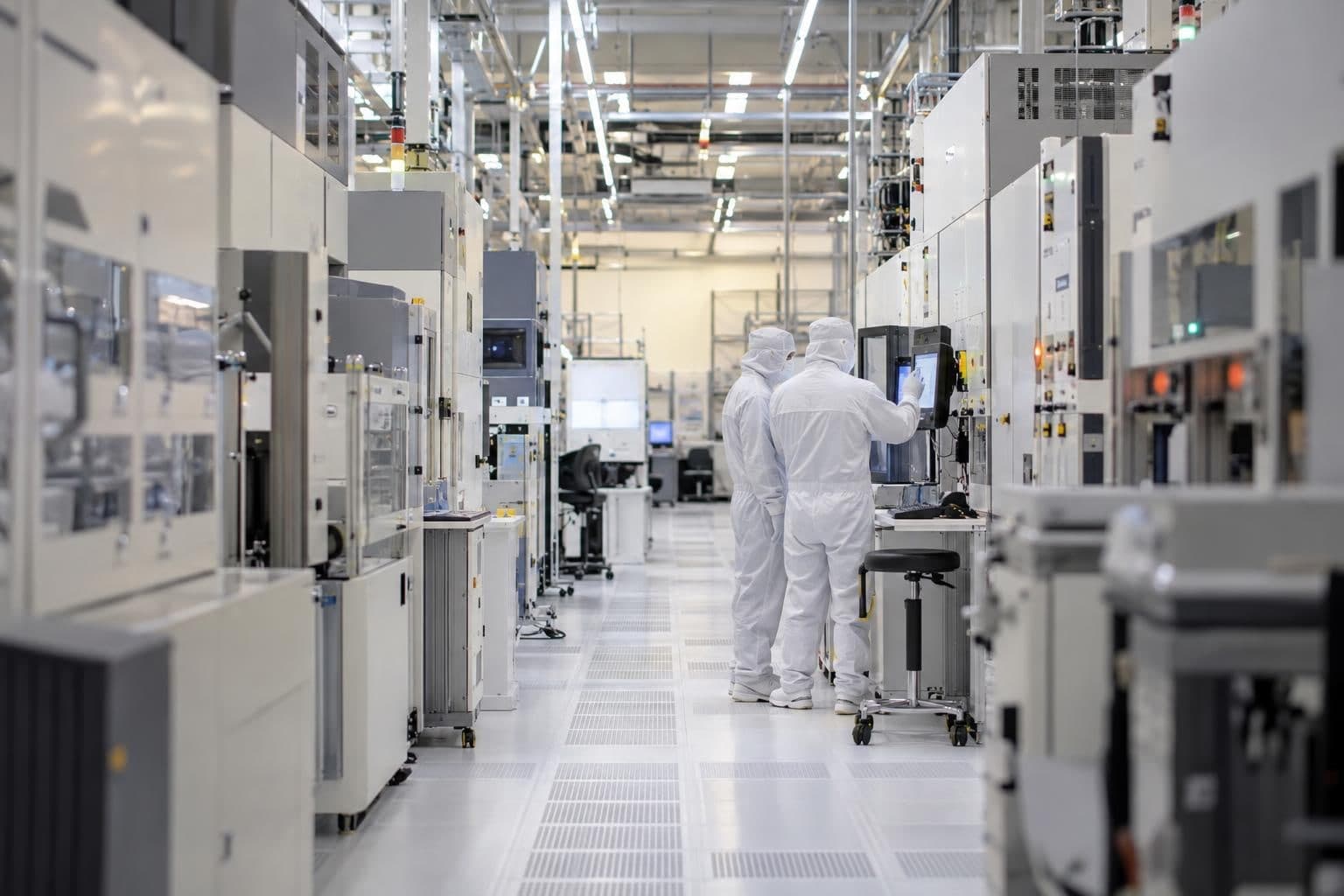Technicians in protective suits work beside equipment in a semiconductor fabrication cleanroom.