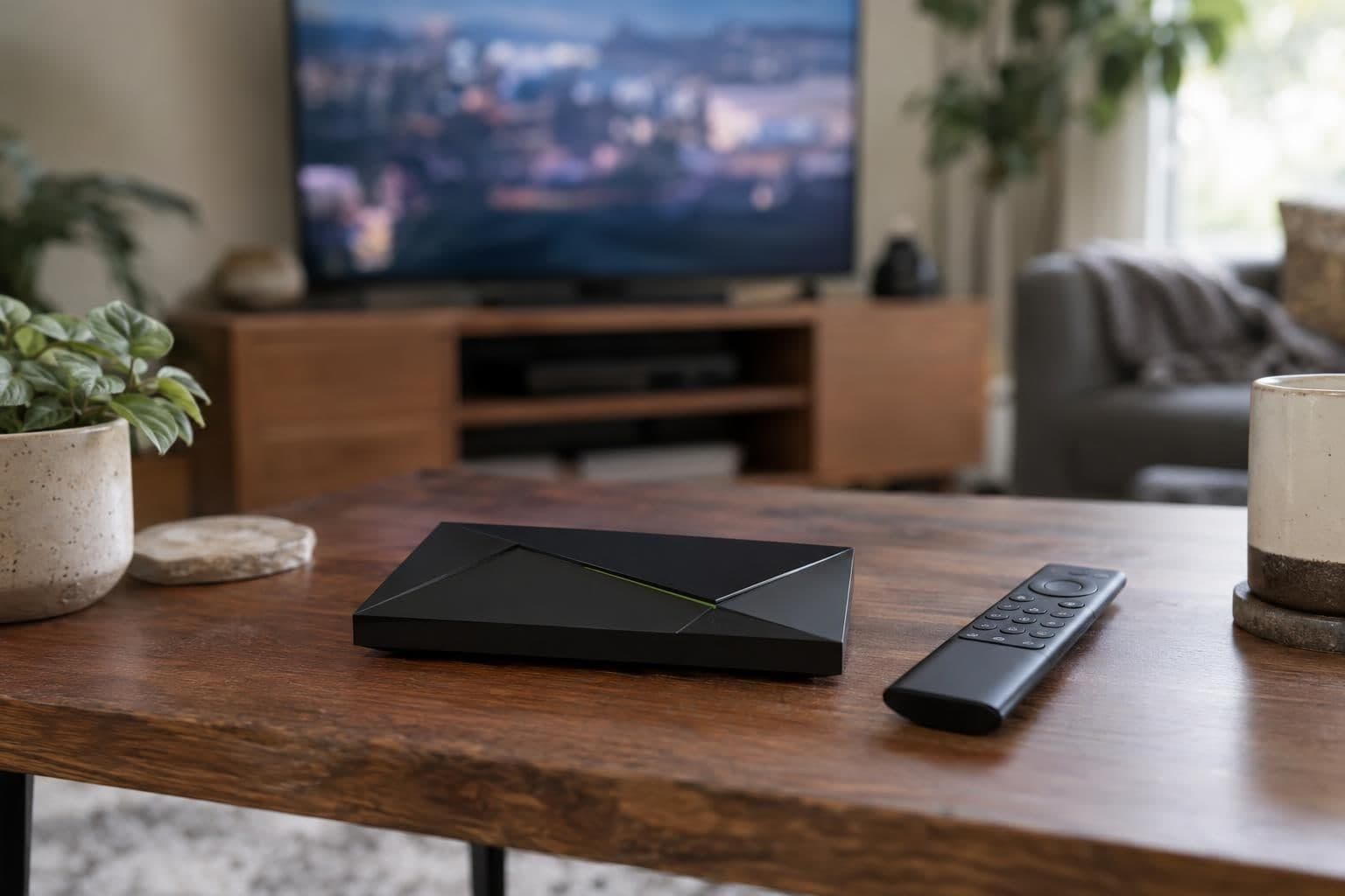Nvidia SHIELD TV Pro streaming device on a tabletop with a television in the background.