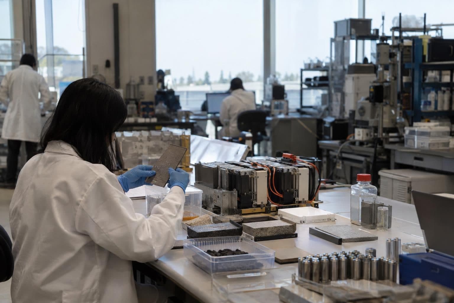 Researchers examine climate-tech materials and battery components at a startup workbench.