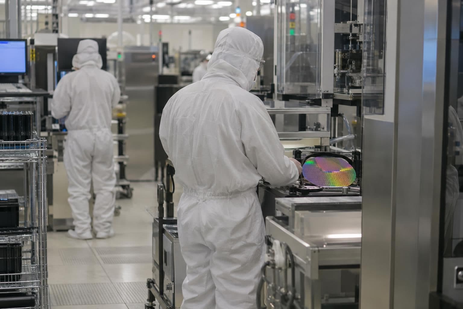 Masked workers in a semiconductor cleanroom beside chip-fabrication equipment.