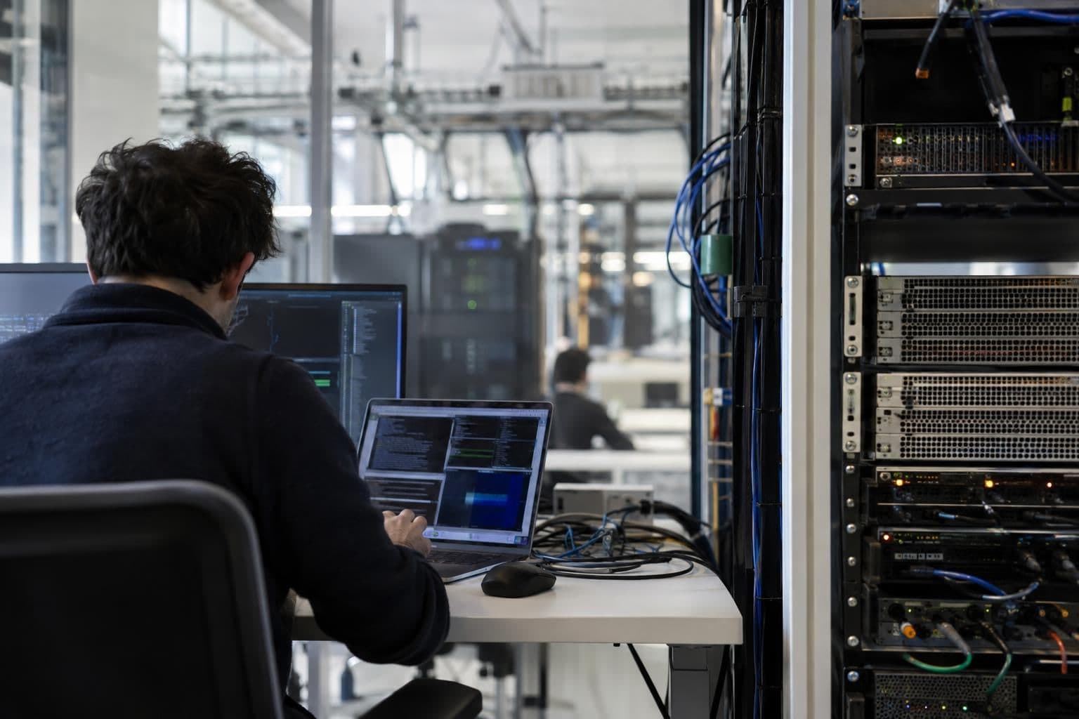A developer reviews software on a laptop beside a rack of computing equipment.