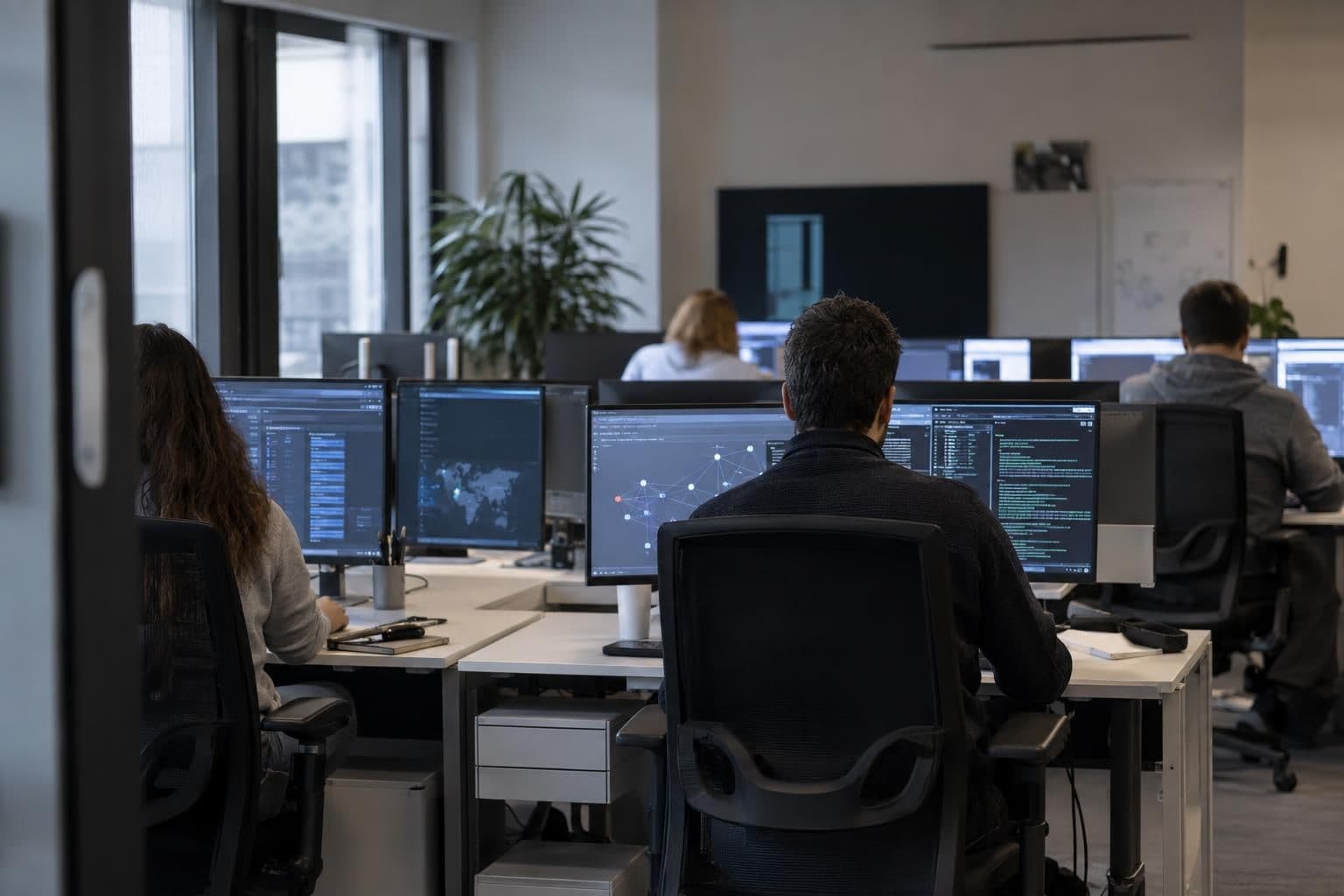 Cybersecurity staff review computer screens in an office.