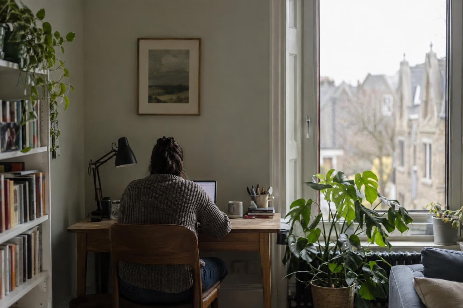 A person uses a laptop at a desk in a plain indoor workspace.