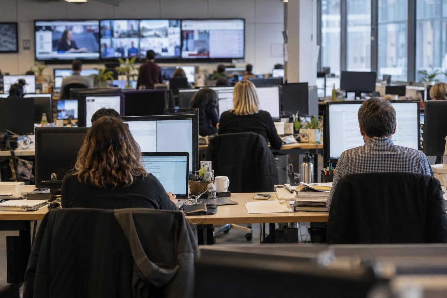 Journalists work at computers in a newsroom office.