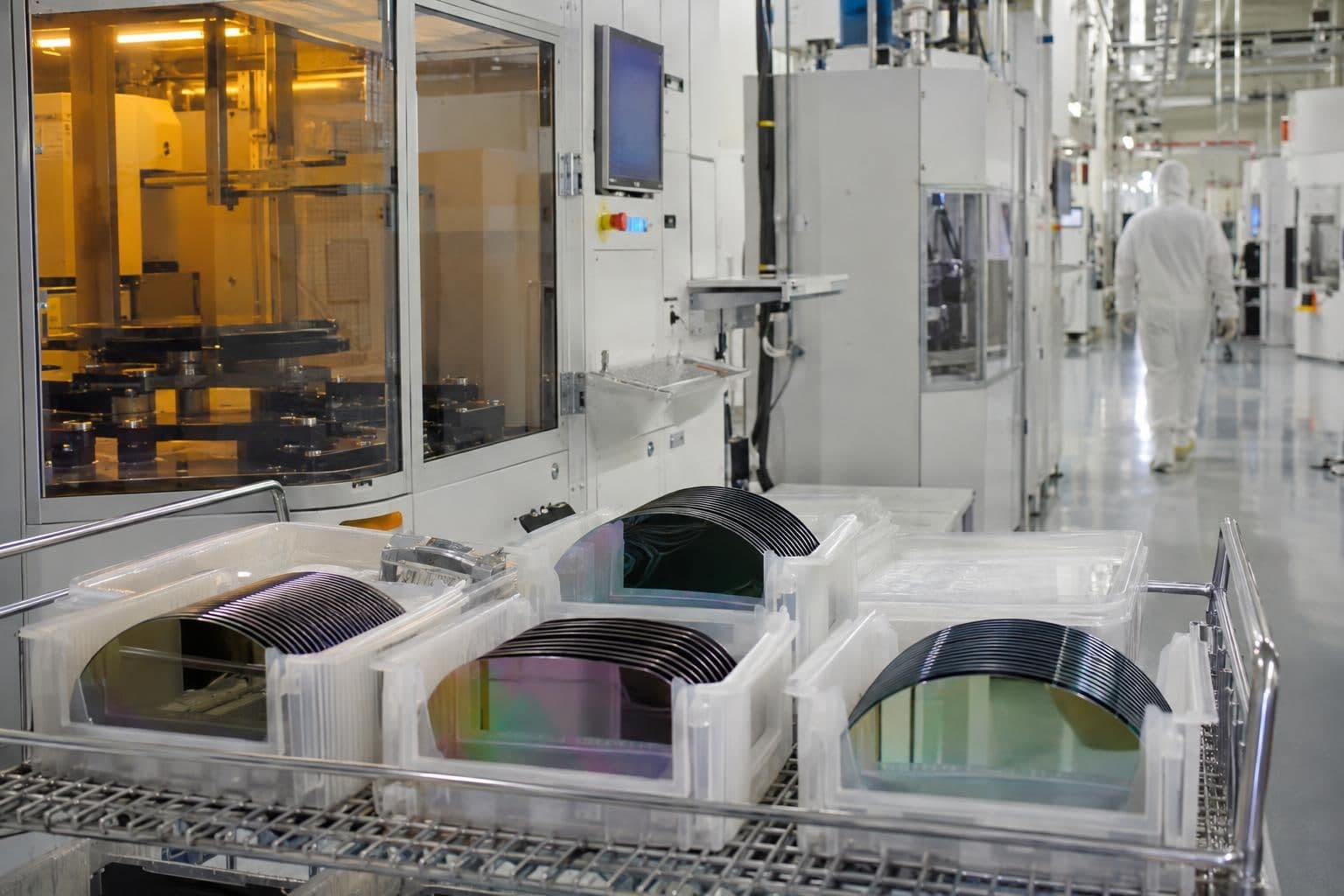 Silicon wafers and manufacturing equipment in a semiconductor cleanroom.