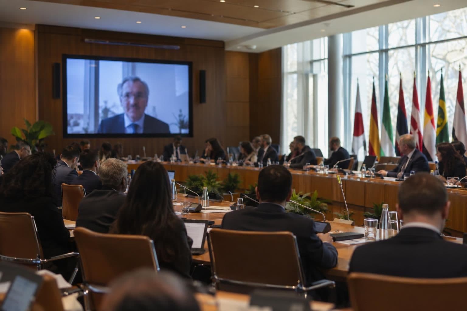 Delegates sit in a formal meeting room as a remote participant appears on a screen.