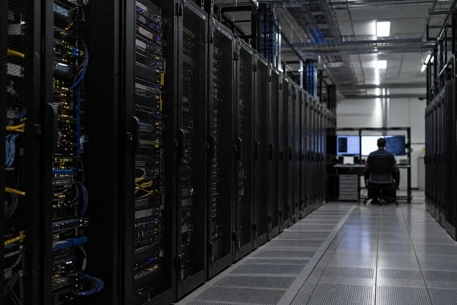 Server racks in a data-centre hall with a technician at a workstation