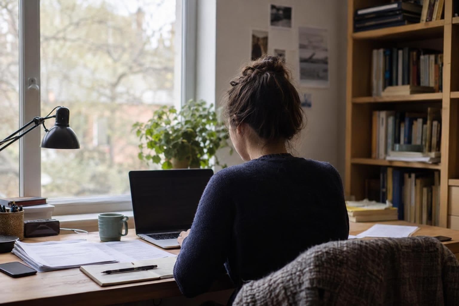 A researcher prepares an academic paper at a laptop beside printed pages.