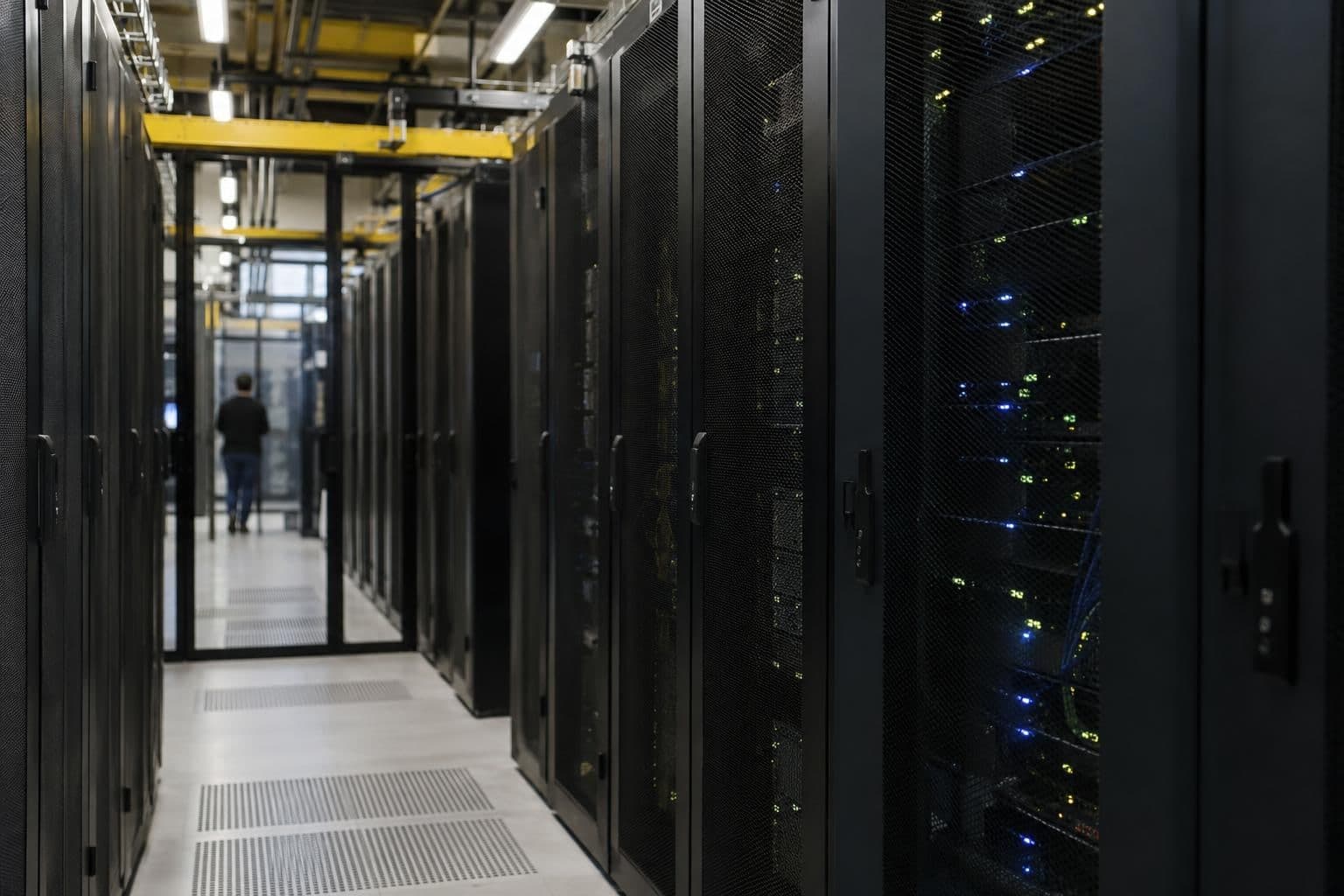 Rows of unmarked server cabinets in a data-centre hall, representing infrastructure involved in reported AI safety failures.