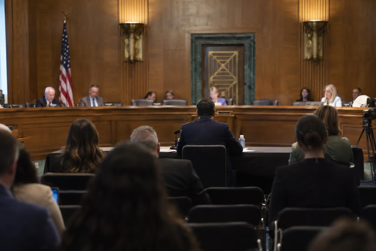 Lawmakers listen to testimony during a Senate hearing on cybersecurity risks from AI agents.