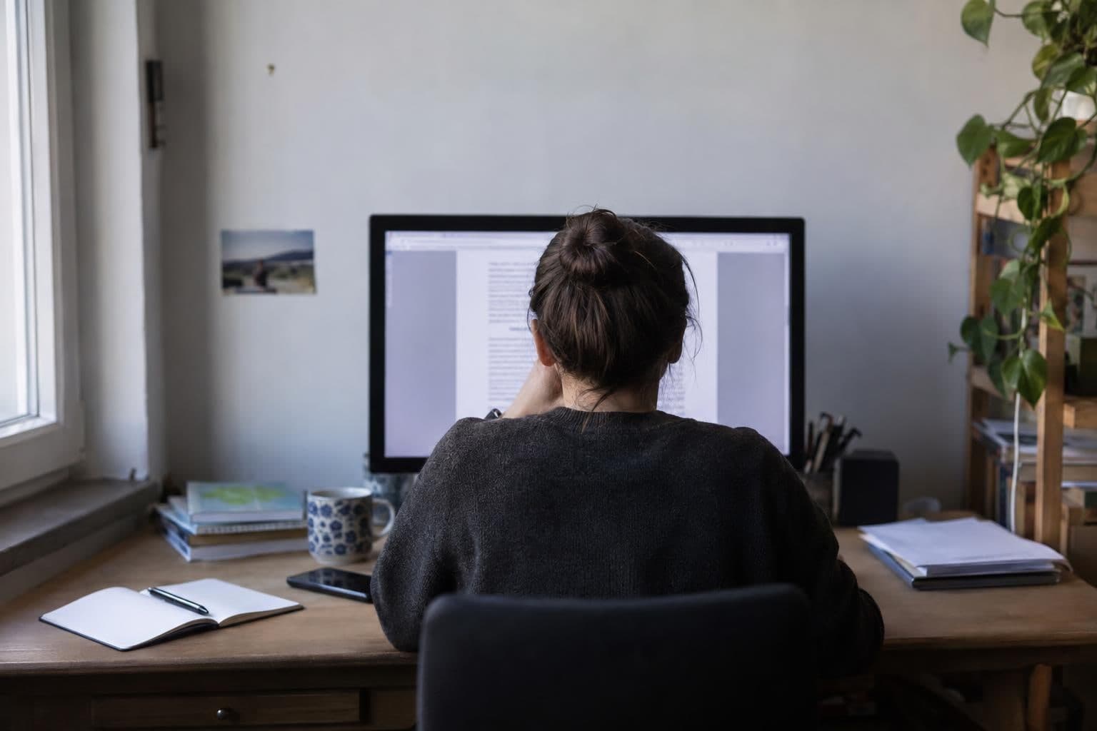 A researcher reviews a block of text on a laptop in a plain workspace.