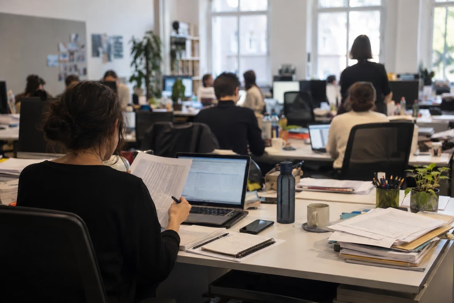 Journalists work at desks with documents and laptops in a newsroom.