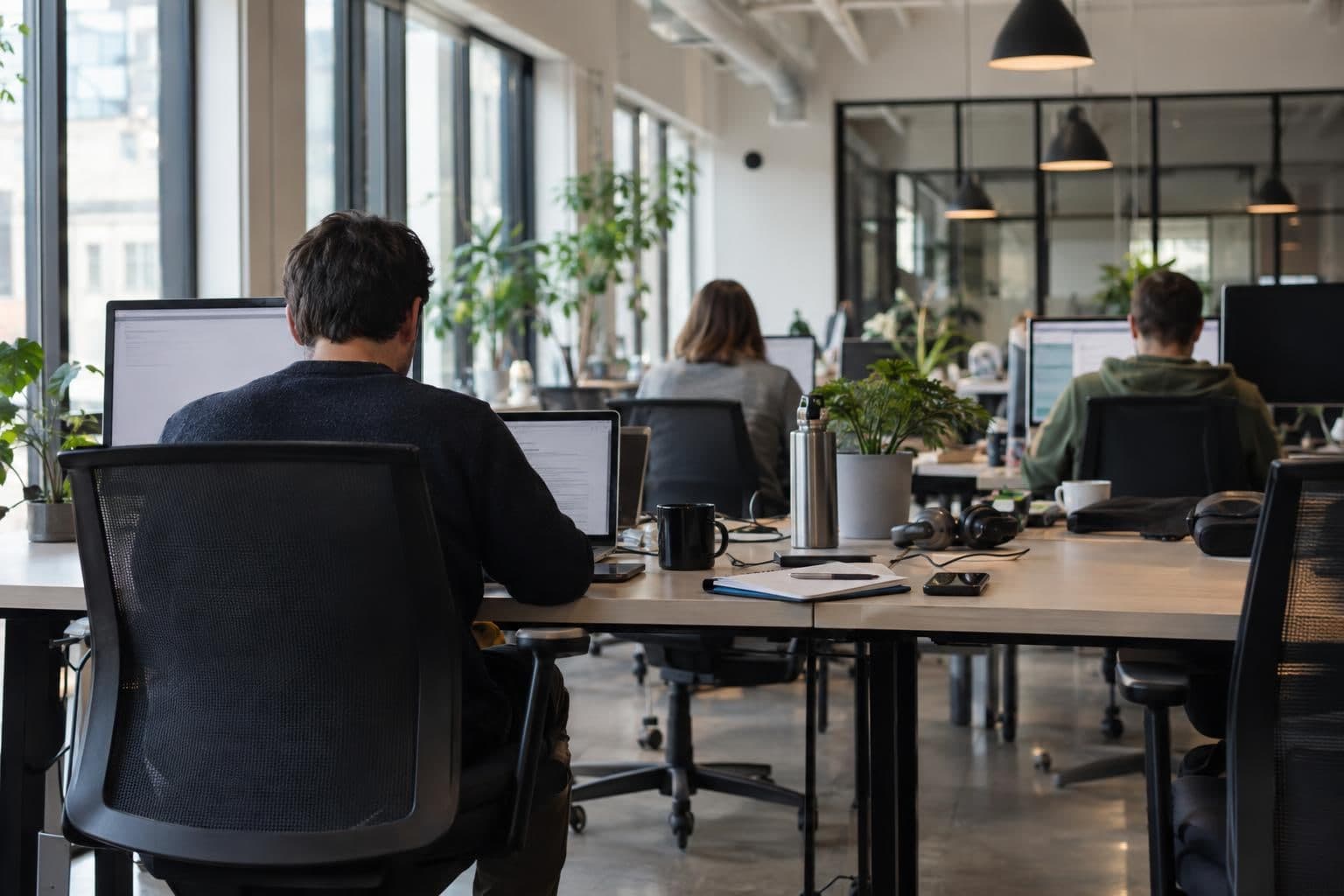 Developers work at laptops in an office, with indistinct content on their screens.