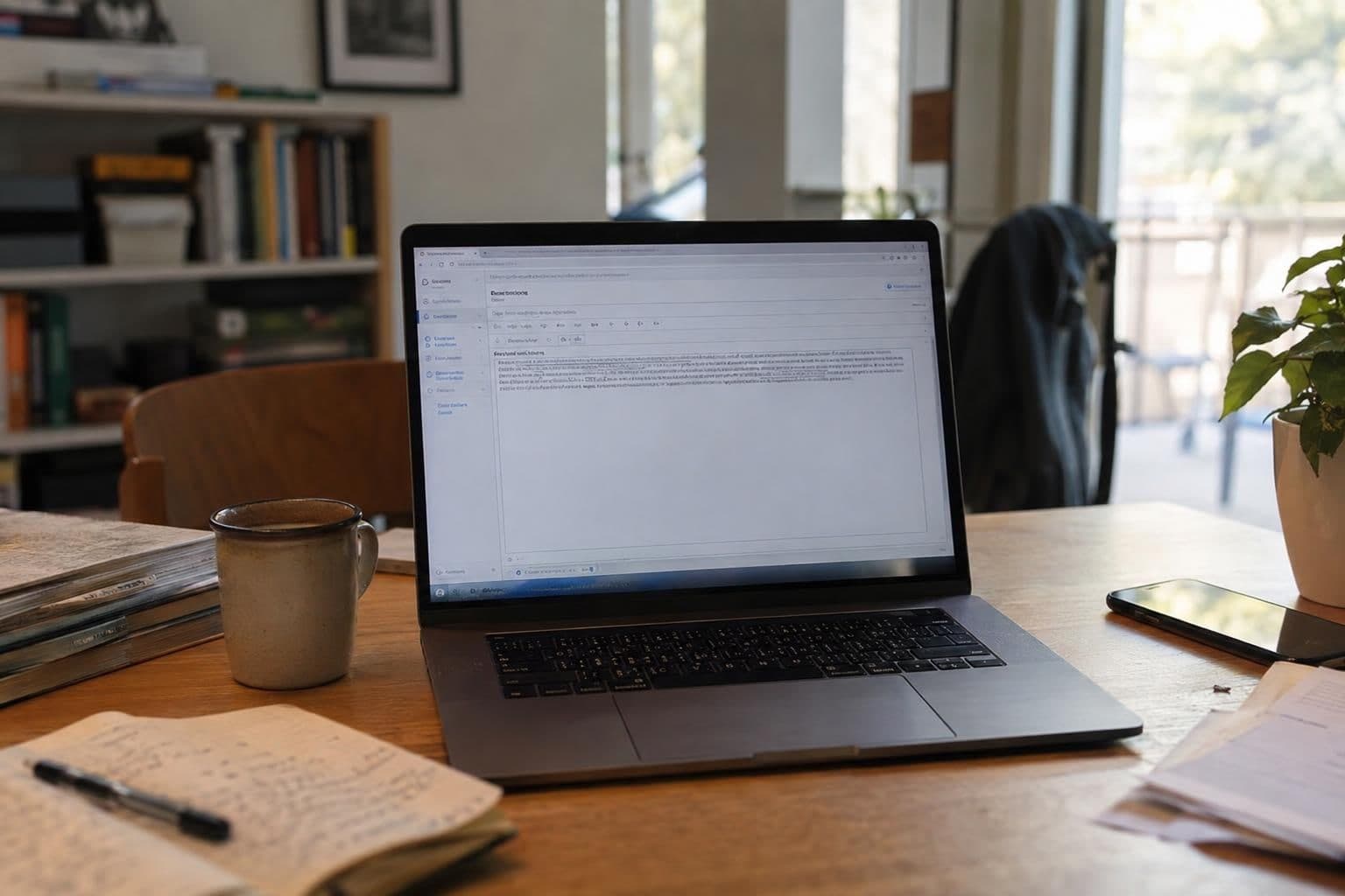 A laptop displays a generic wiki-style editing page with indistinct text.