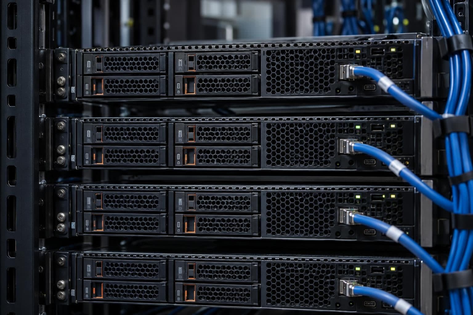 A close view of unmarked compute units grouped as a cluster for burn-in testing.
