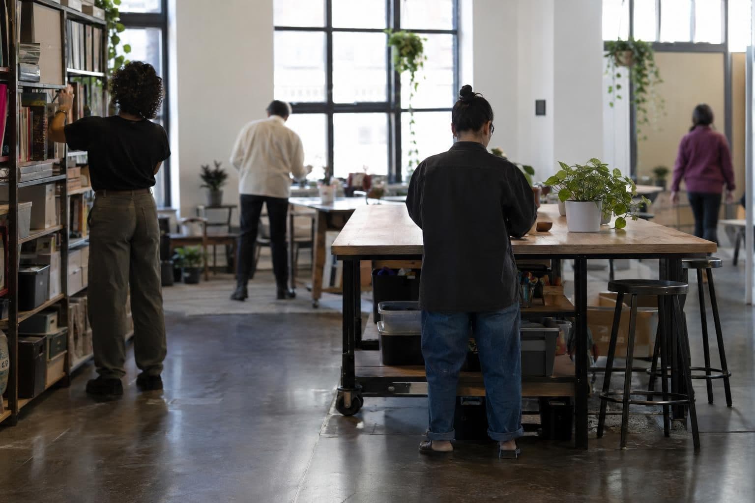 Anonymous employees carry out separate tasks in an unbranded workplace.