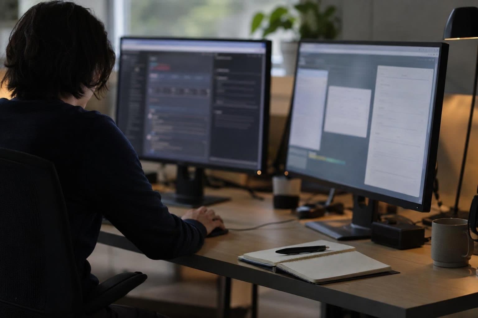 A software evaluator works through a coding task at a desktop workstation.