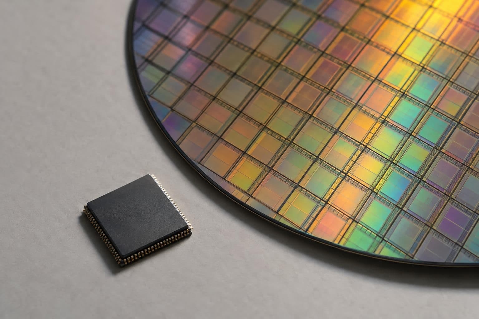An unmarked semiconductor chip sits beside a silicon wafer.