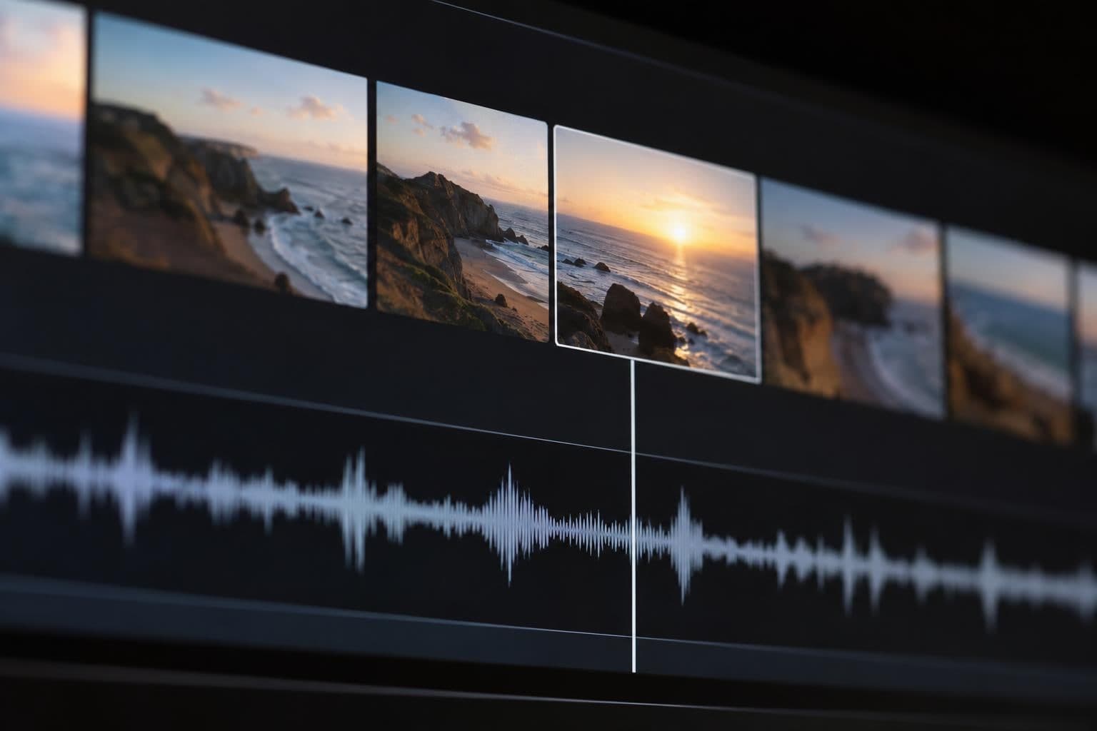 A strip of video frames sits beside an audio waveform, illustrating audio-to-video search.