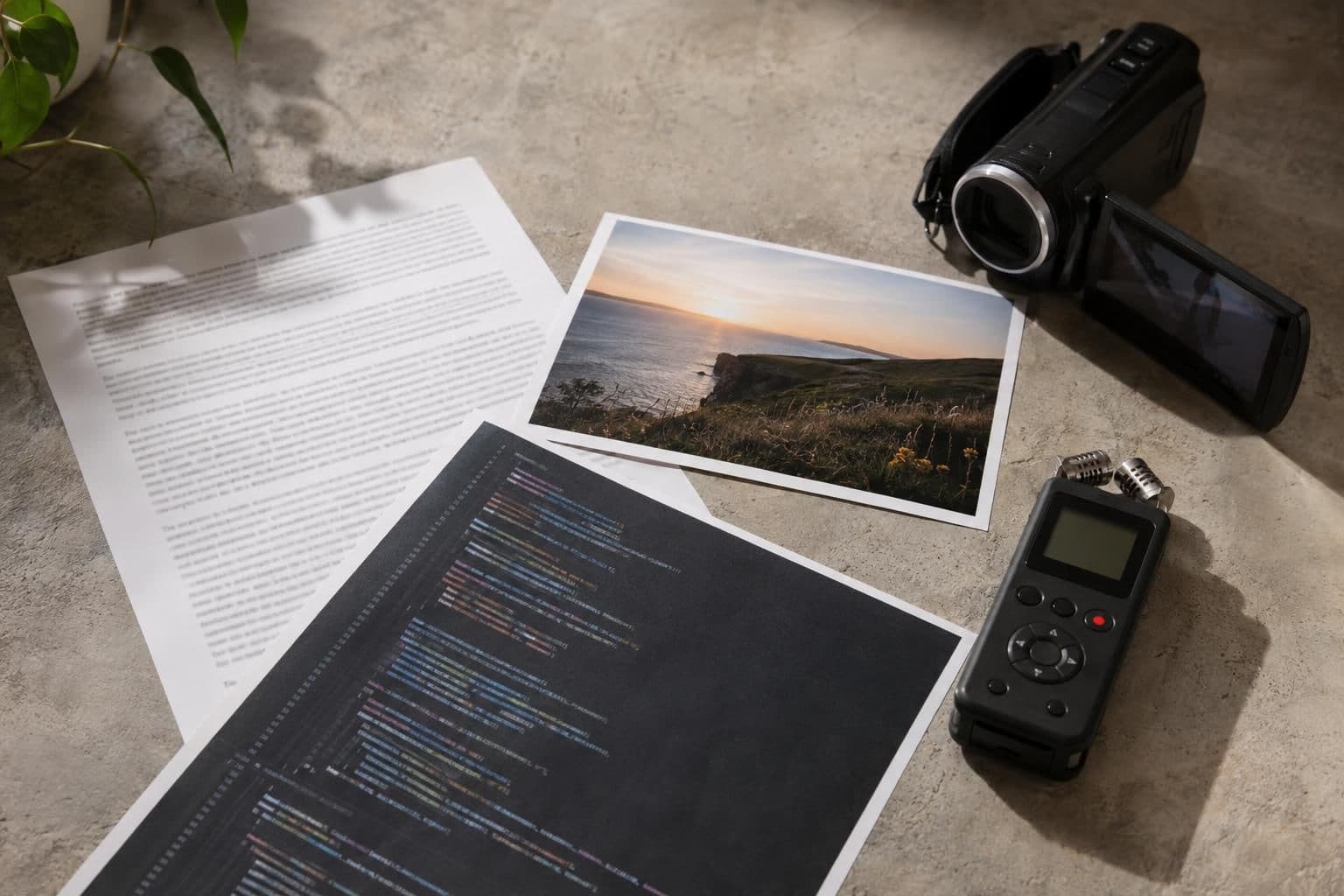 A text page, code printout, photograph, video camera and audio recorder represent five search formats.