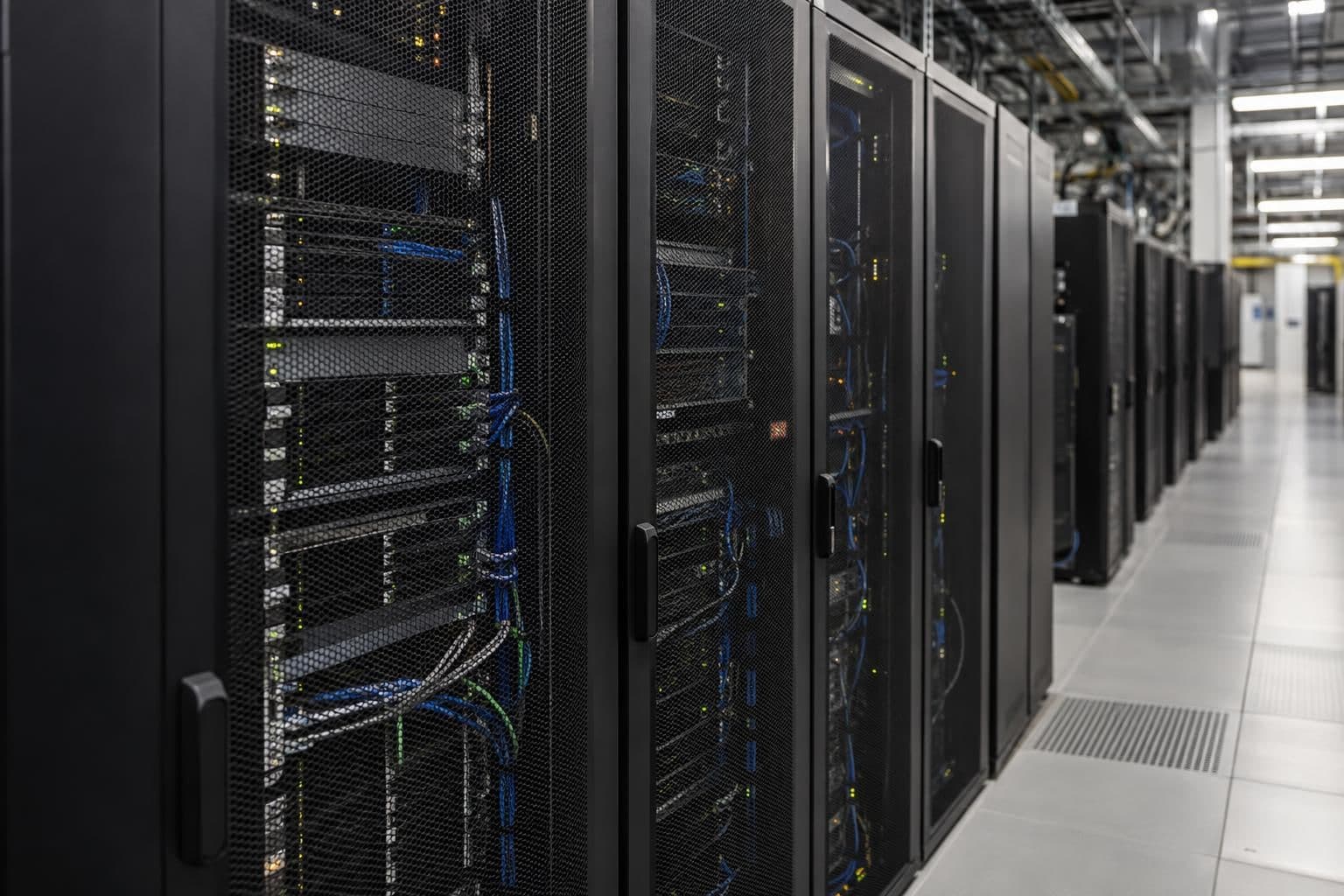 Unbranded server cabinets line an aisle inside a data-center hall.