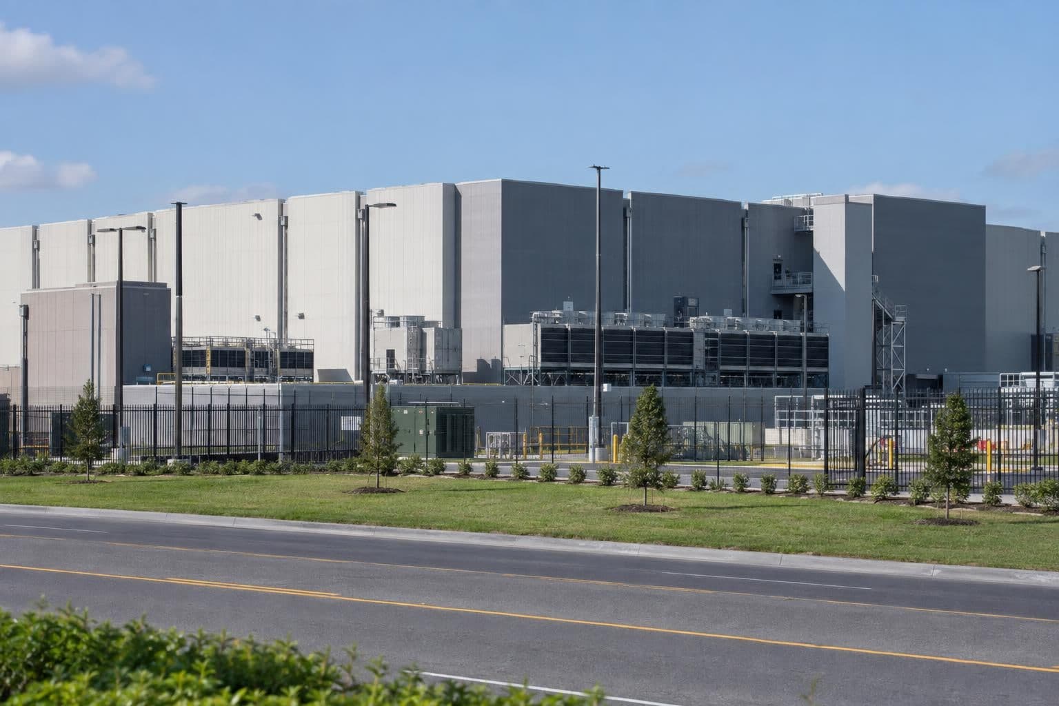 An unbranded data-center building represents the infrastructure at stake in local moratorium proposals.