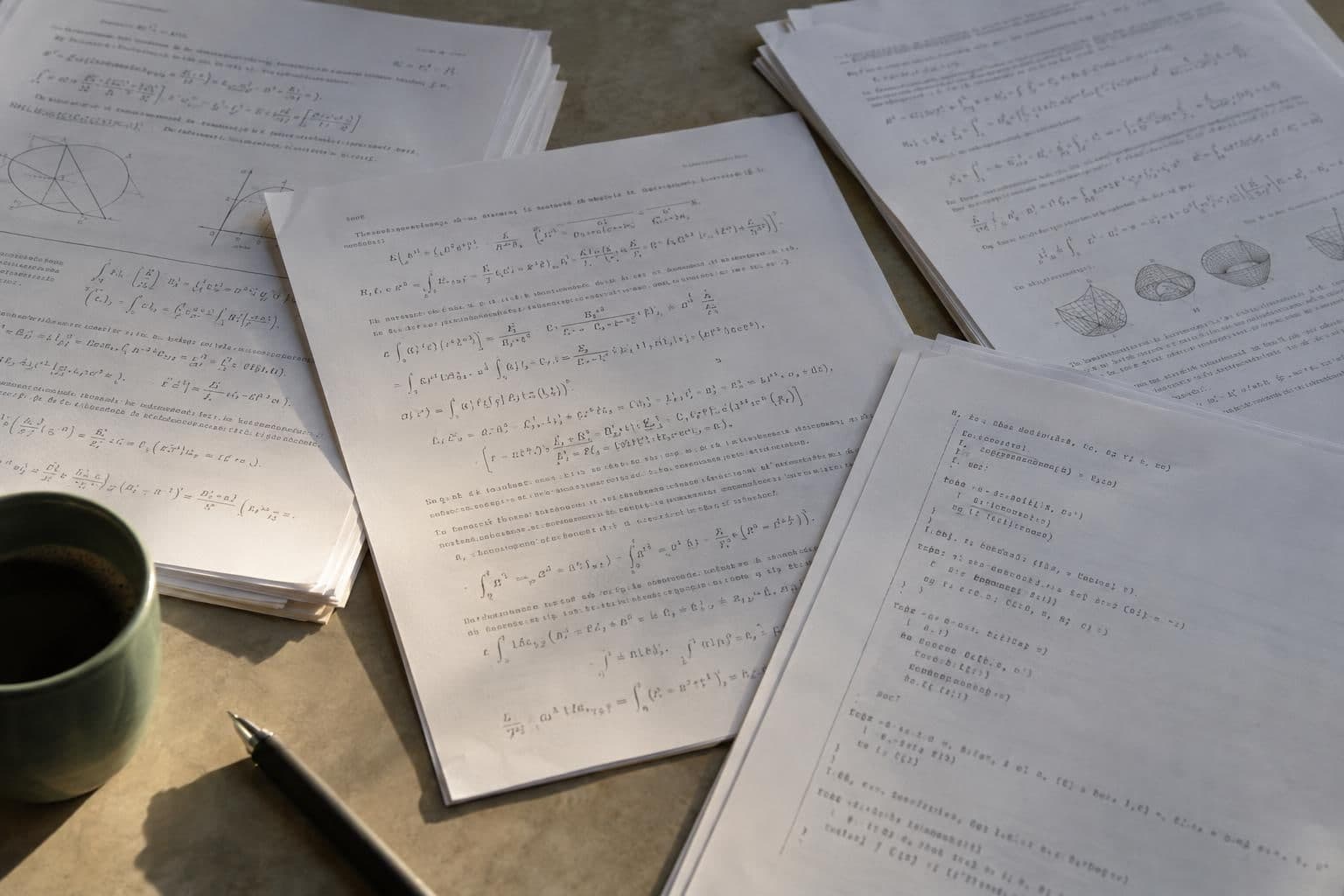 A small spread of mathematical manuscripts shows equations and compact formal-proof notation.