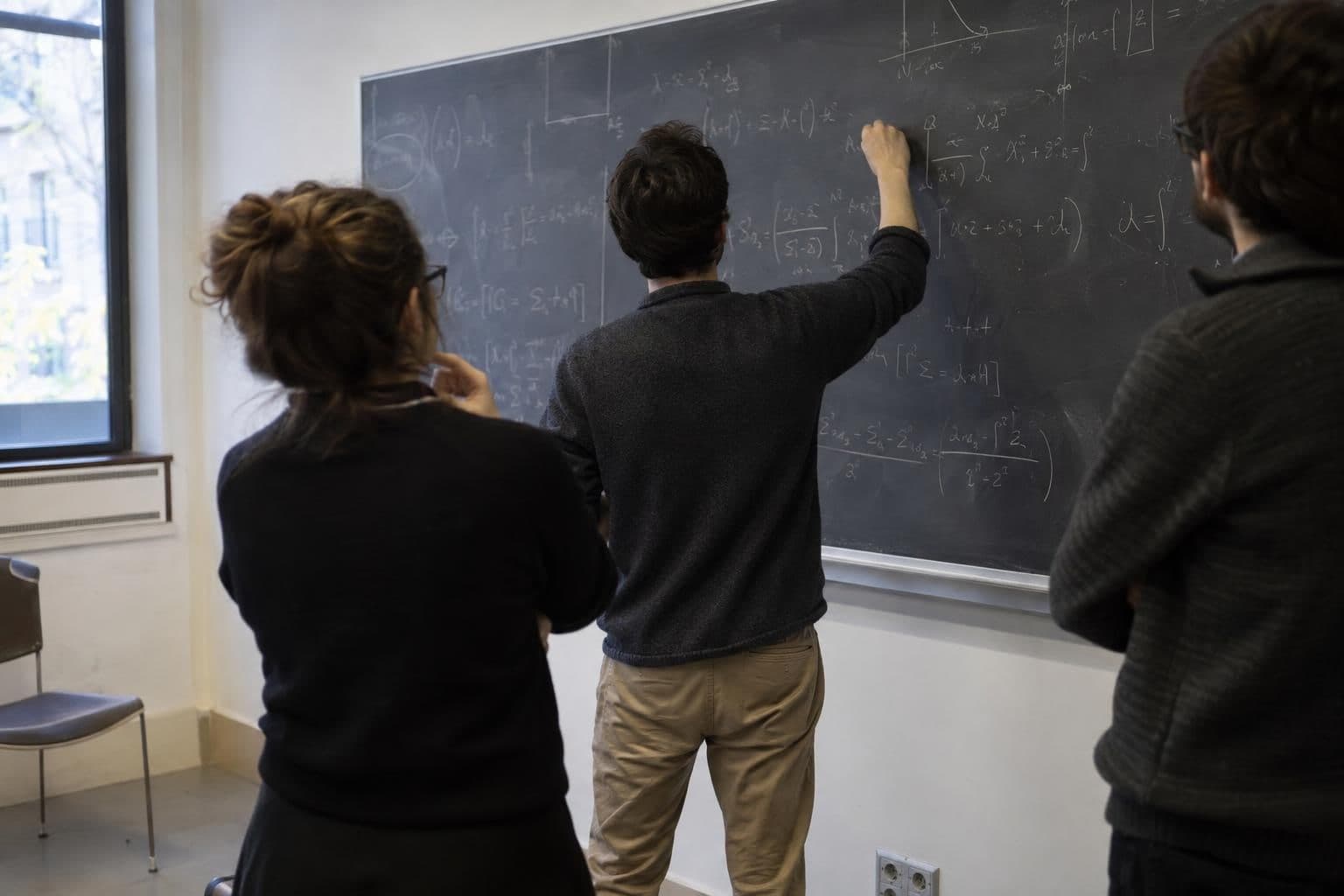 Mathematicians examine a proof together at a blackboard.