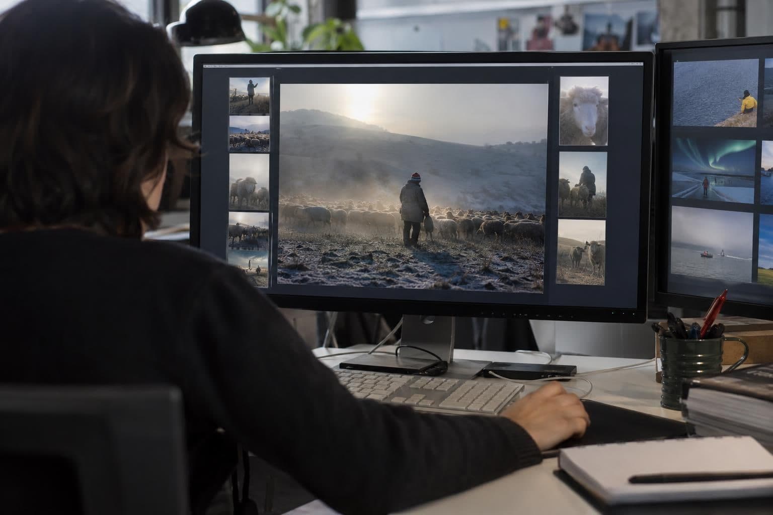 An editor reviews a submitted digital image at a publisher’s photo desk.