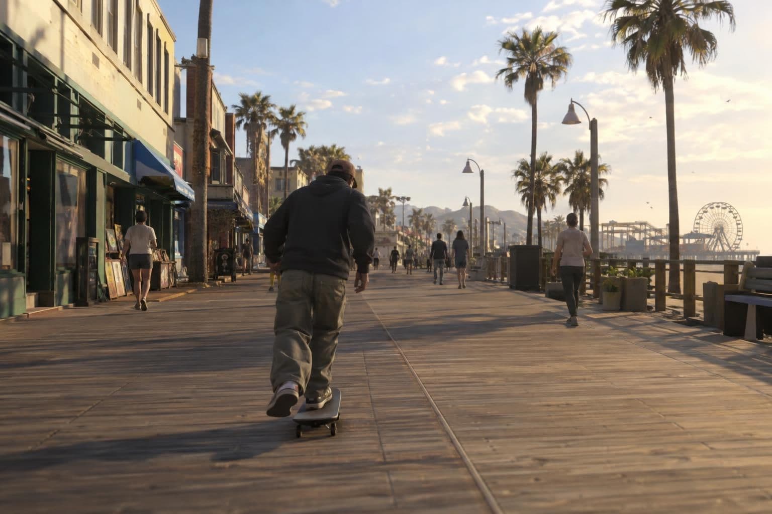A rendered skate-game scene shows a skater on a boardwalk among pedestrians and buildings.