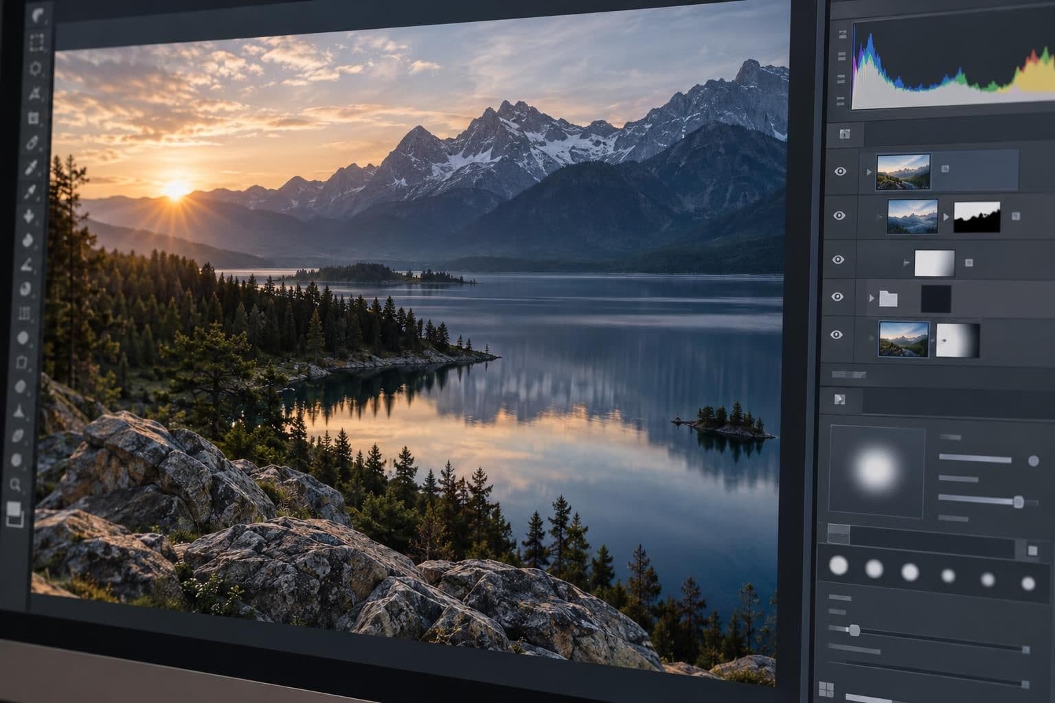 A photo-editing canvas shows a layered image with mask thumbnails and brush controls.