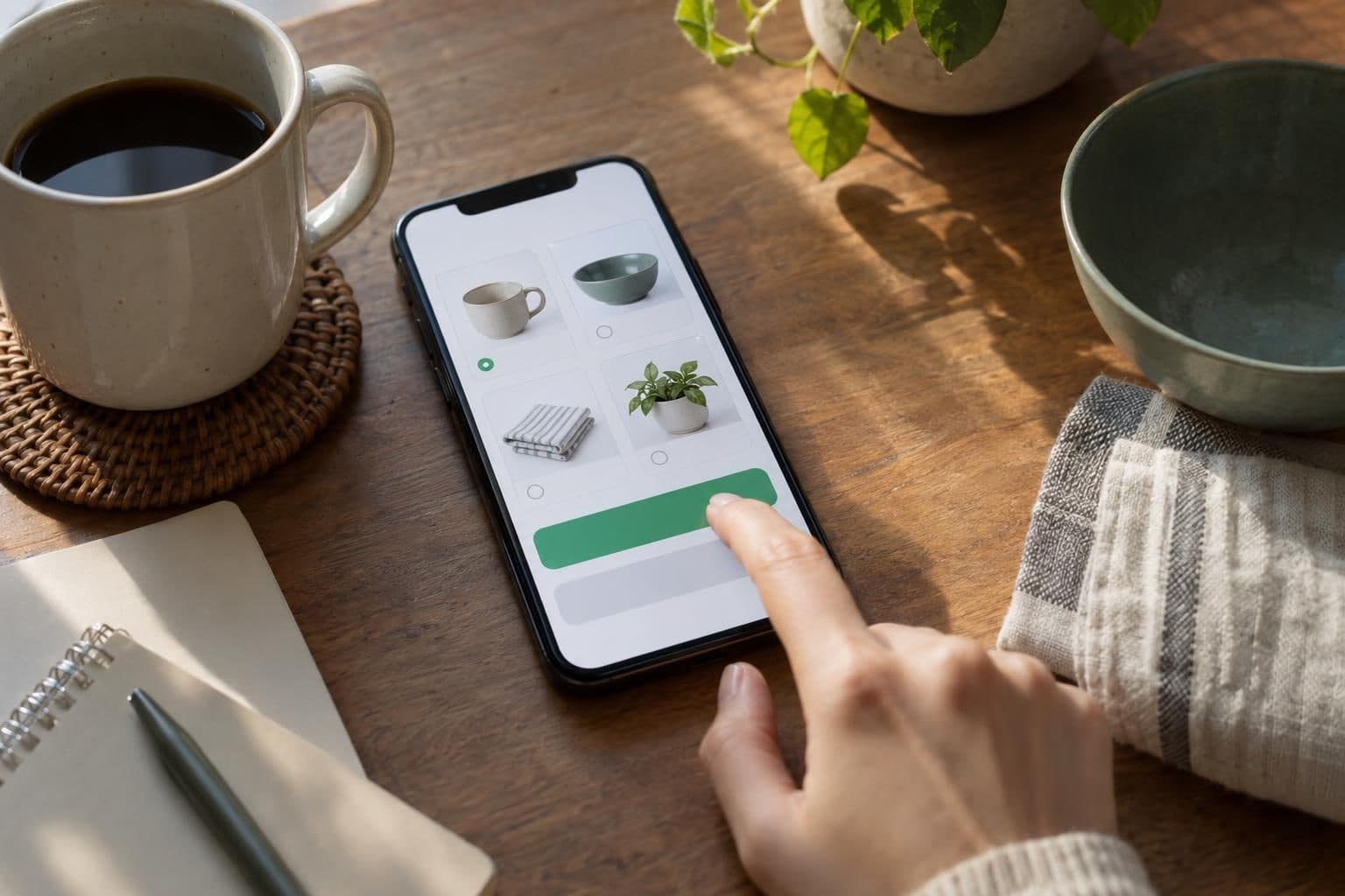 A phone with a product-choice and confirmation screen sits beside unbranded consumer goods.