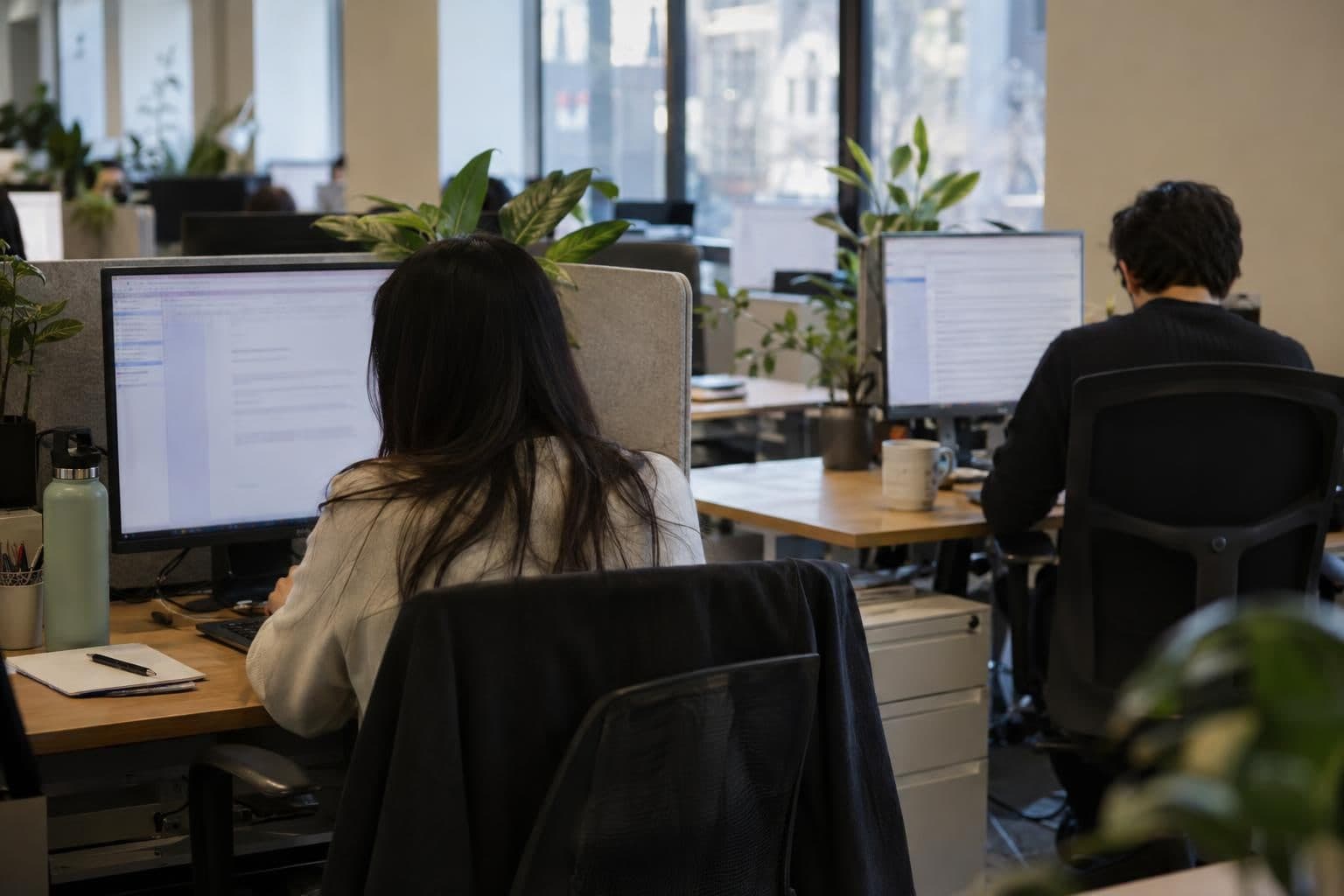 Office workers draft business content and check work communications in a shared workplace.